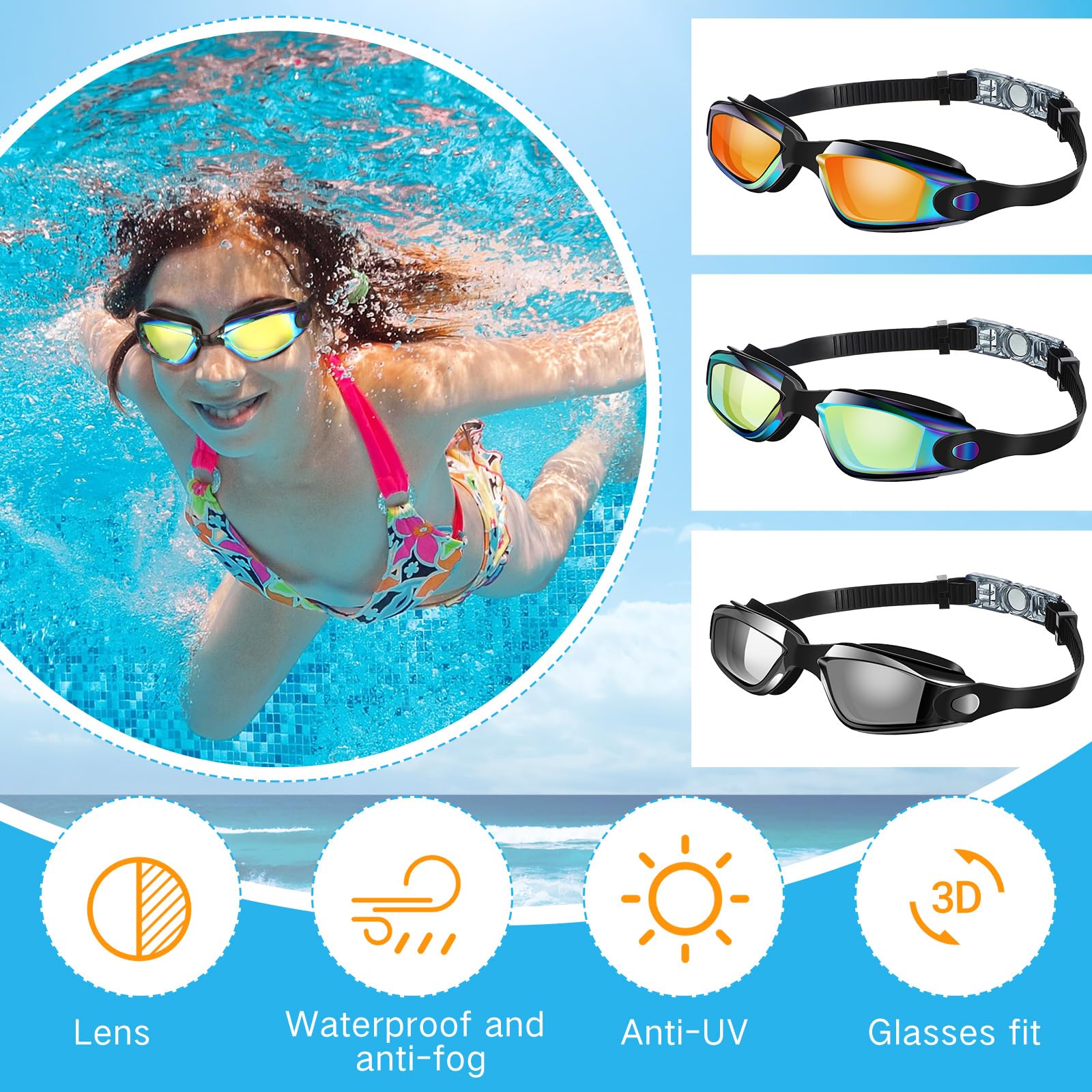 Flutesan Confezione da 3 occhialini da nuoto in silicone anti appannamento, con clip per naso e tappi per le orecchie, per piscina per adulti, 3 colori (verde, arancione, argento)