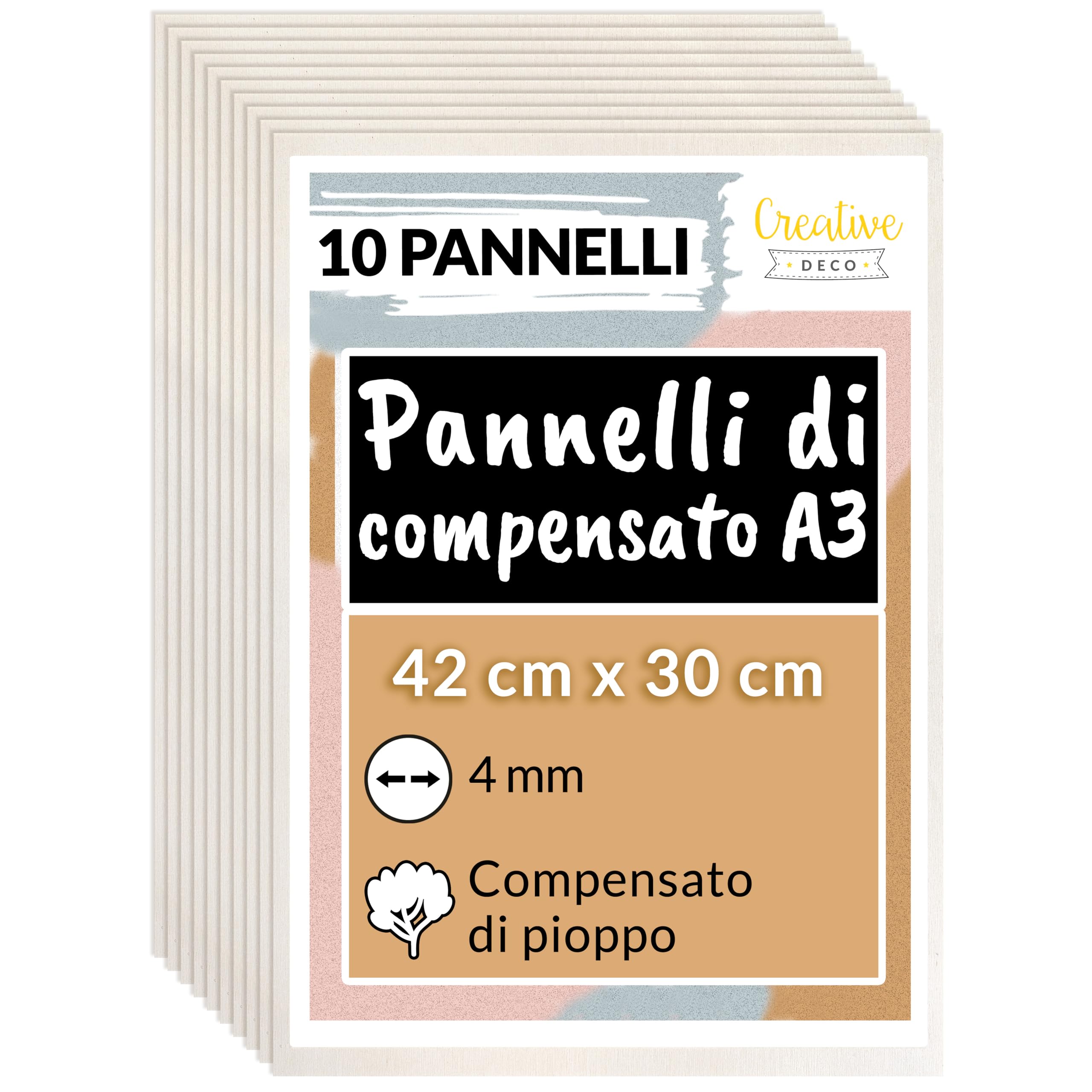 Creative Deco 10 x A3 Compensato Pannelli Legno Pioppo 4 mm | Pannelli Compensato 420 x 300 x 4 mm (+/- 2mm) | Fogli di Legno per Decorazione, Modellare, Pannelli Taglio Laser, Pirografia, Pareti