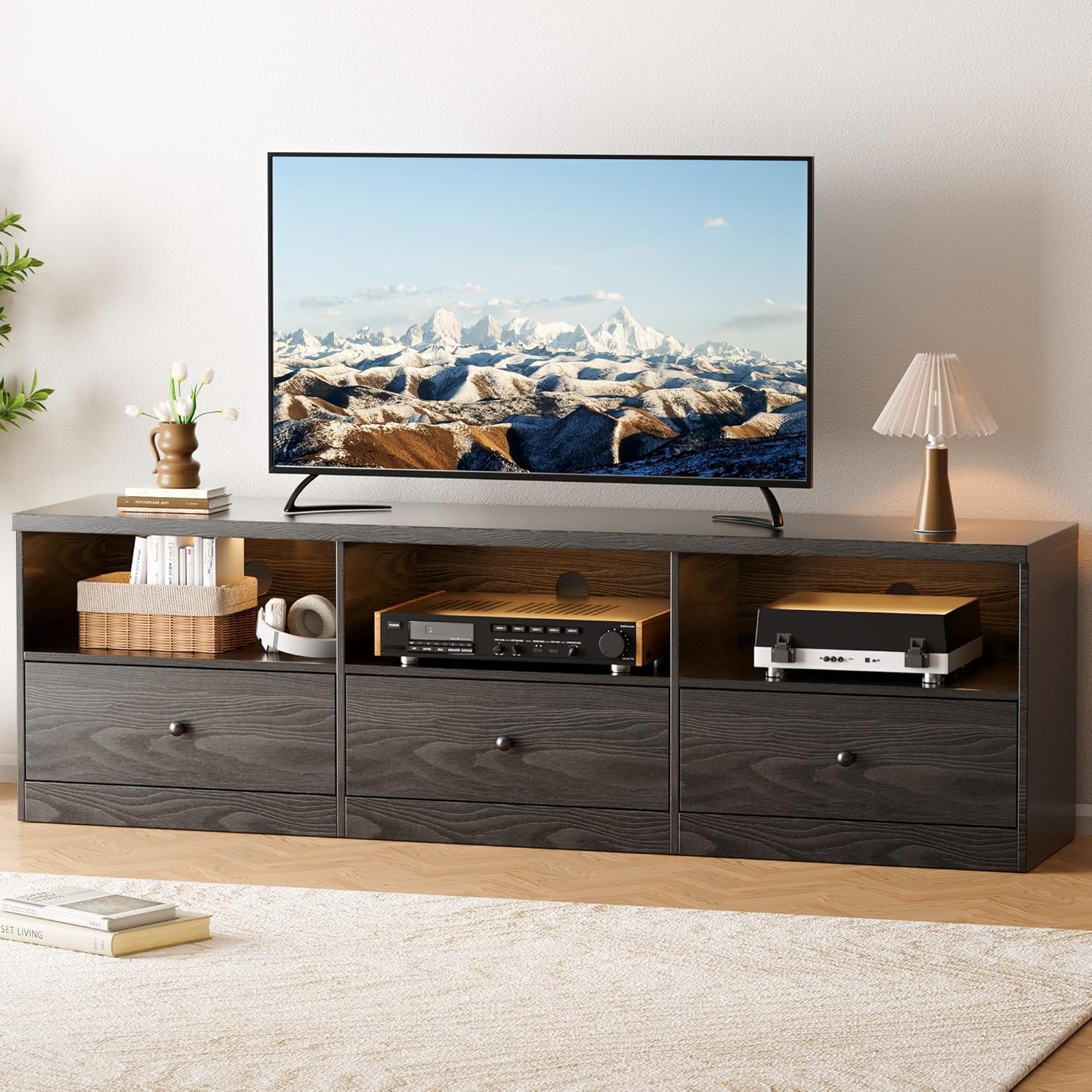 Black TV Stand, Up to 80 Inch TVs, 70-Inch Media Center with Open Shelves and 3 Storage Drawers, Mid Century Modern Entertainment Center, Black TV Stands for Living Room, Bedroom, Office