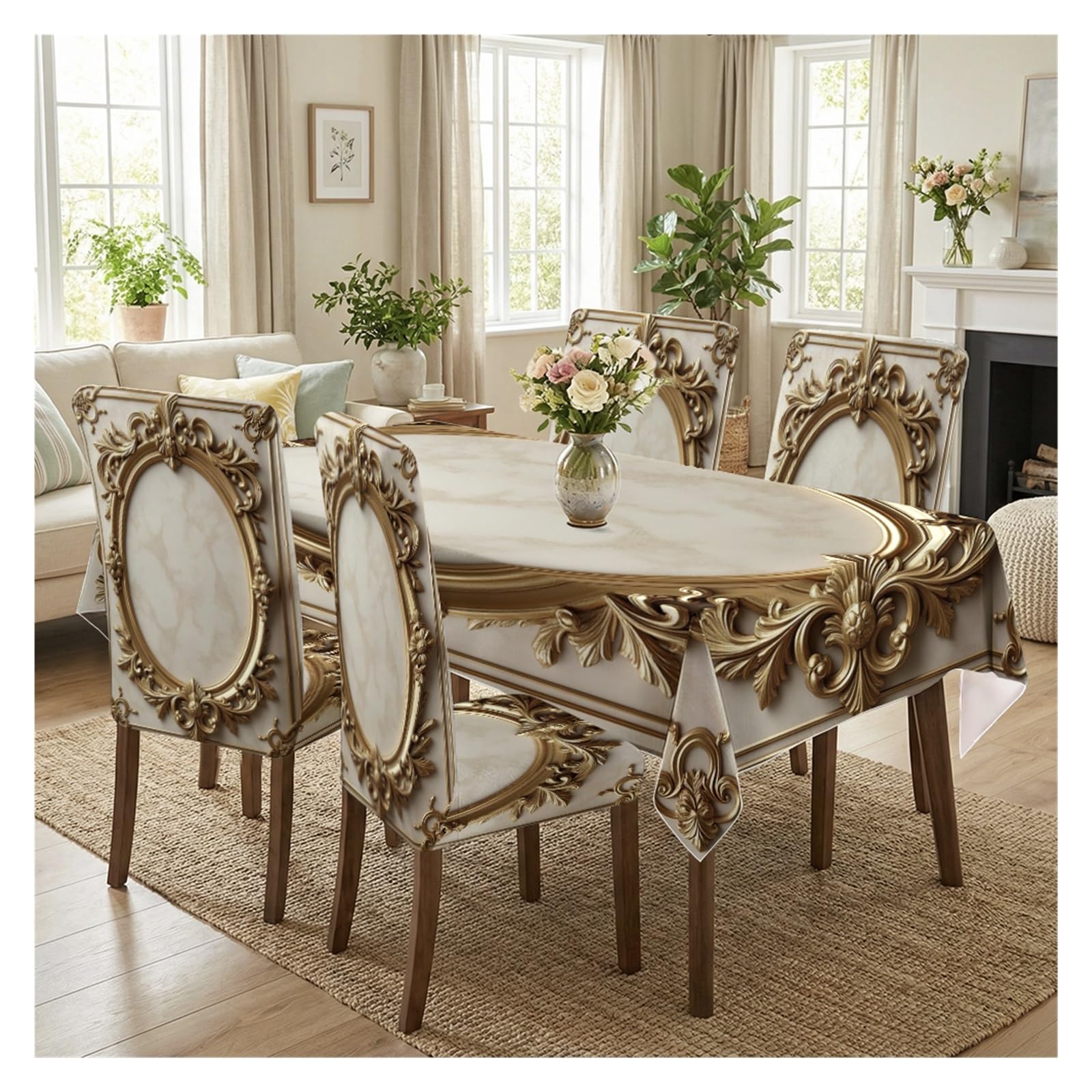 BOSUYBN Stretch Dining Chair Slipcovers And Tablecloth Set, Marble Gold Ornate Print, 5/7 Pack For Dining Room Luxury Home Decor Table Setting(5pcs Set: Tablecloth+Chair Covers)