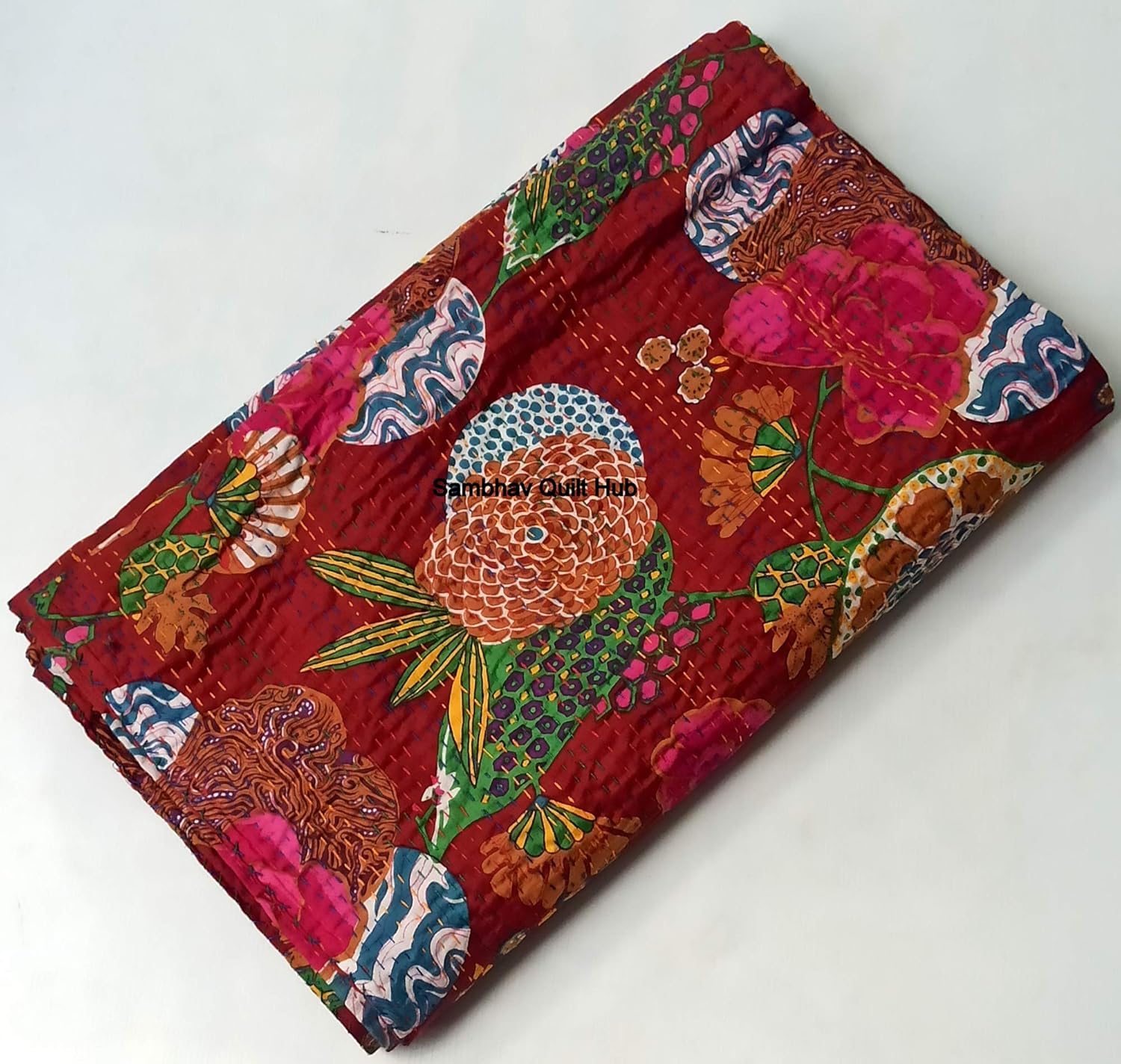Maroon Fruit Kantha with 2 Pillow Cover Vintage Ethnic Floral Cotton Quilting Fruit Kantha Quilt Coverlet Bedspread Patchwork Stitch Blanket Twin/Queen/California King Size (60X90 inches)