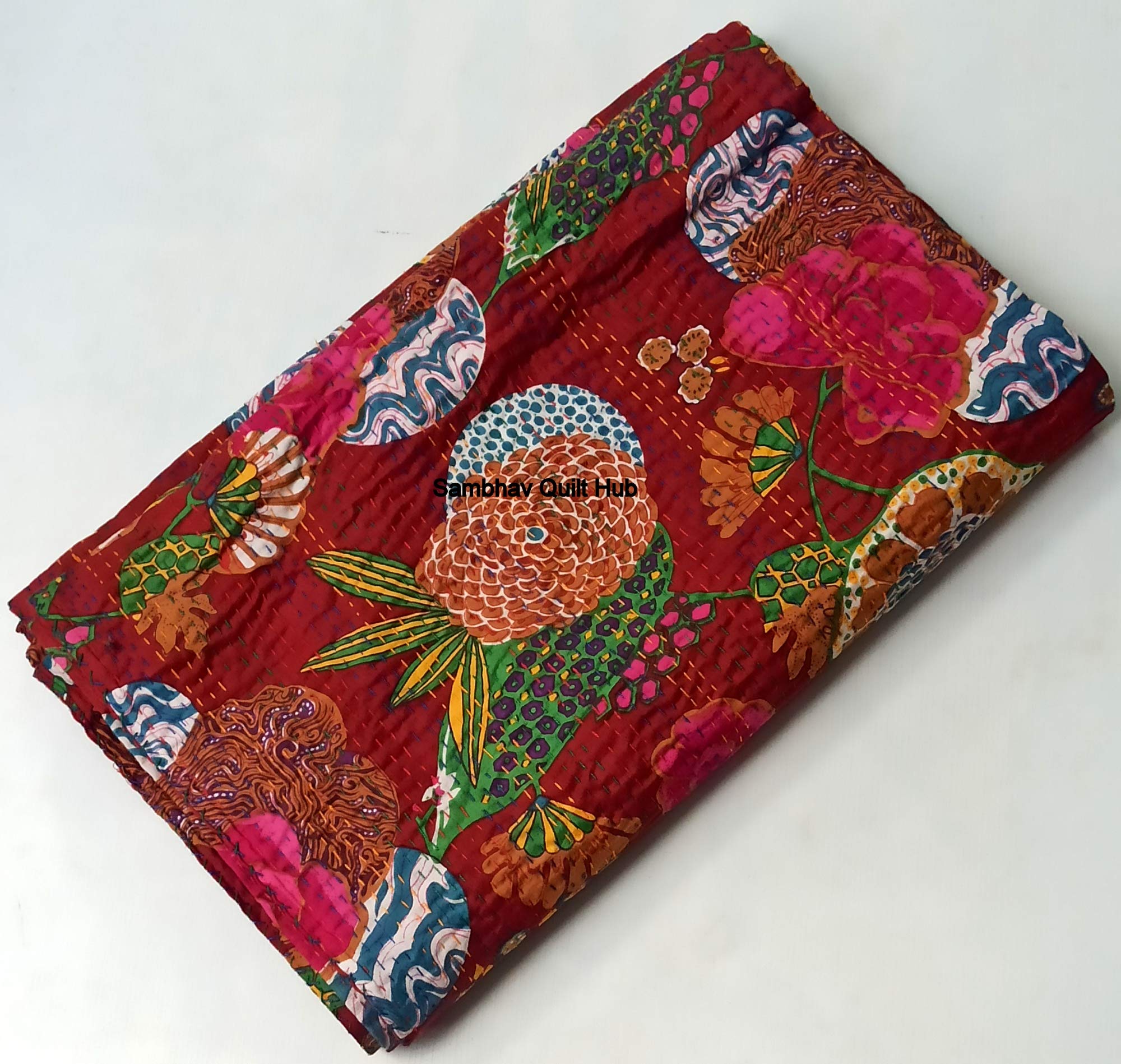 Colcha Kantha India Hecha A Mano - Algodón, Estampado Frutas - Tamaño Queen/King (108x108 Pulgadas) - Incluye 2 Fundas De Almohada