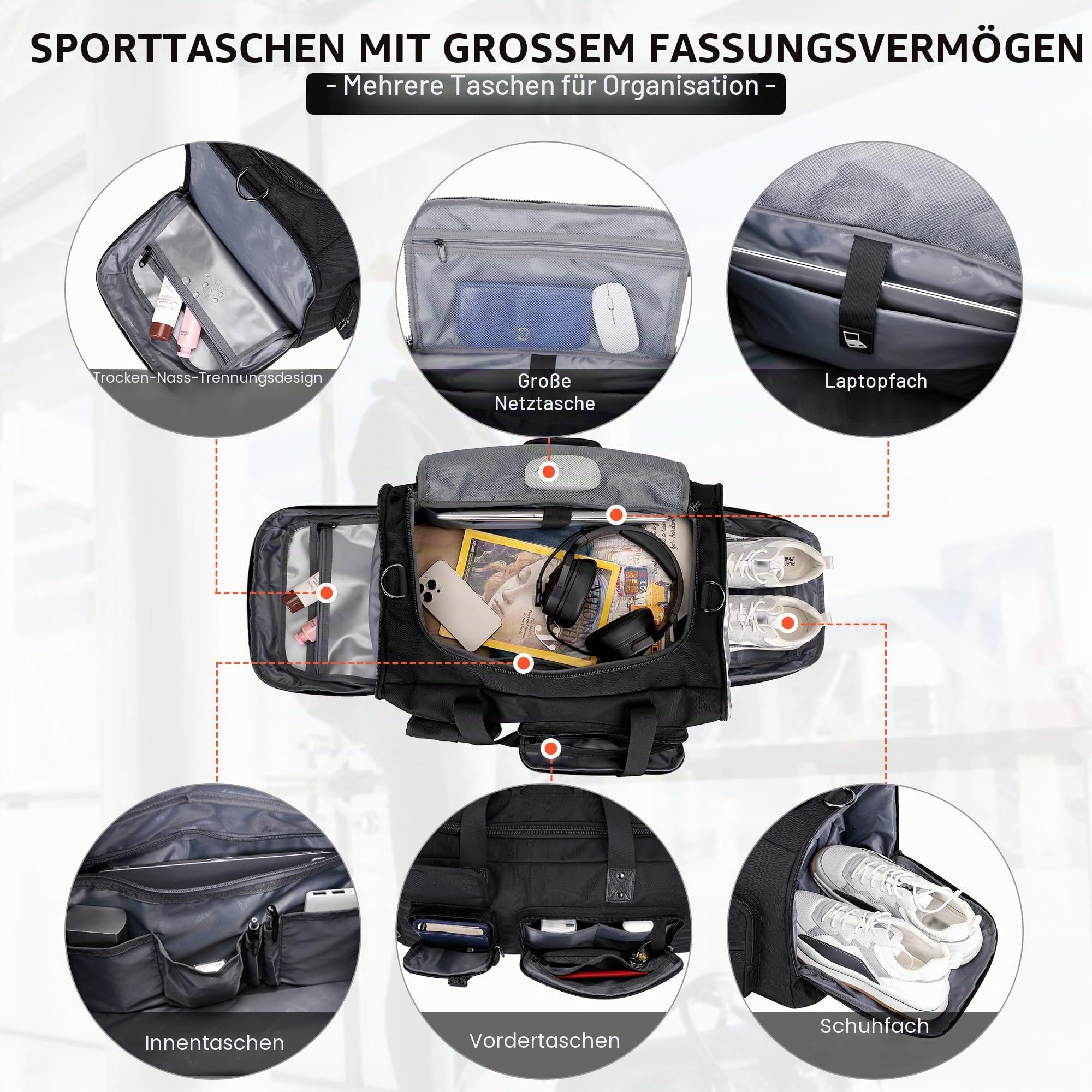 WITZMAN Reisetasche Herren 45L Sporttasche groß mit Schuhfach Duffle Bag 3 in 1 Travel Gym Trainingstasche Herren Damen（B693 Schwarz