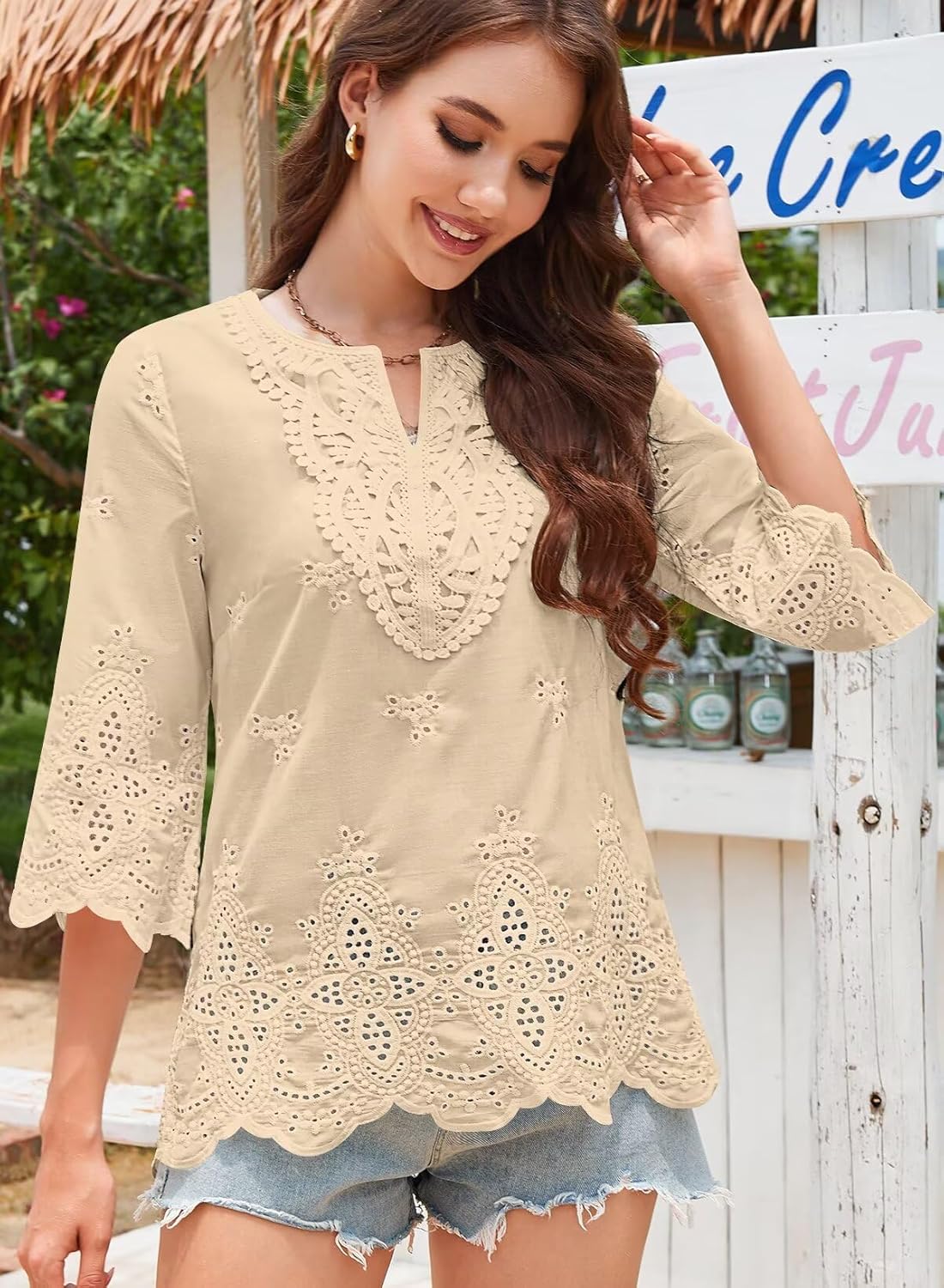 Womens Tops 3/4 Length Sleeve Eyelet Blouse Peasant Flowy Boho Top Hollow Out Embroidered Notch V Neck Shirts - Image 4