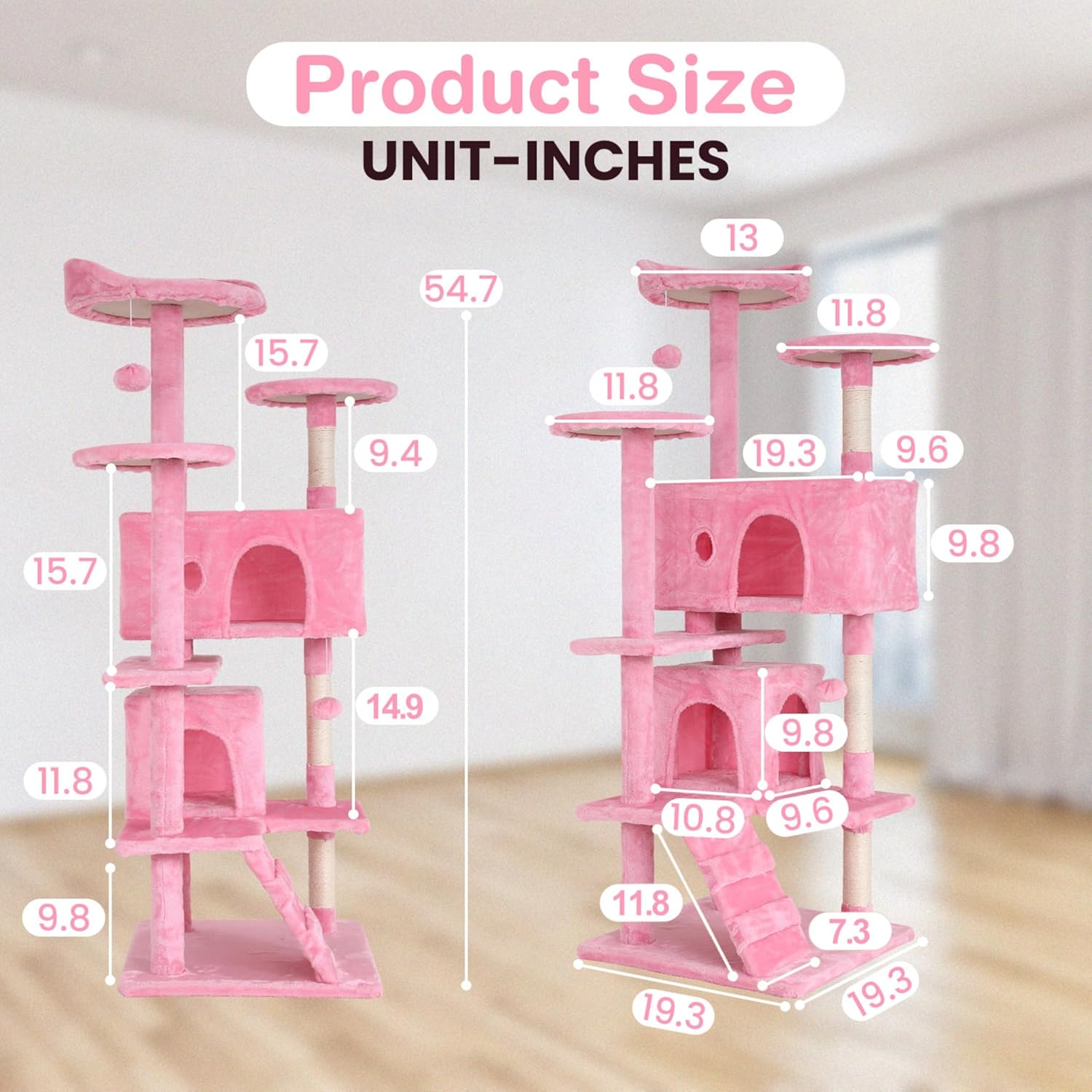 24/7 Shop at Home Court 54 inch Multi-Level Cute Cat Tree Tower with Dangling Ball and Scratching Posts for Indoor Cats Adults, Kitten Supplies, Pet House, Pink