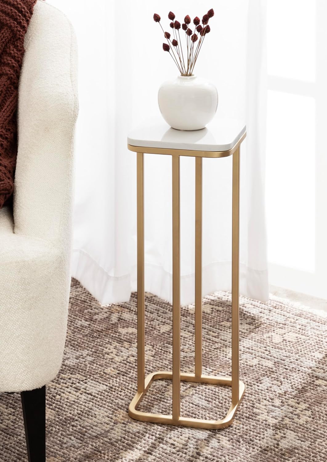 Kate and Laurel Credele Modern Glam Marble Drink Table; 8 x 8 x 22; White and Gold; Chic Contemporary Accent Table with Metal Legs and Cultured Marble Tabletop