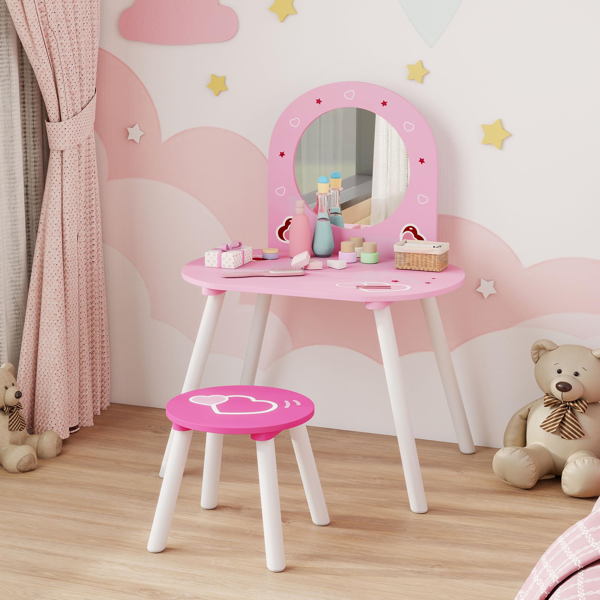 AIYAPLAY Tocador Infantil con Taburete y Espejo, Tocador para Niñas con Dibujos de Corazones, Mesa de Maquillaje para Niños y Niñas de 3-6 Años, Rosa