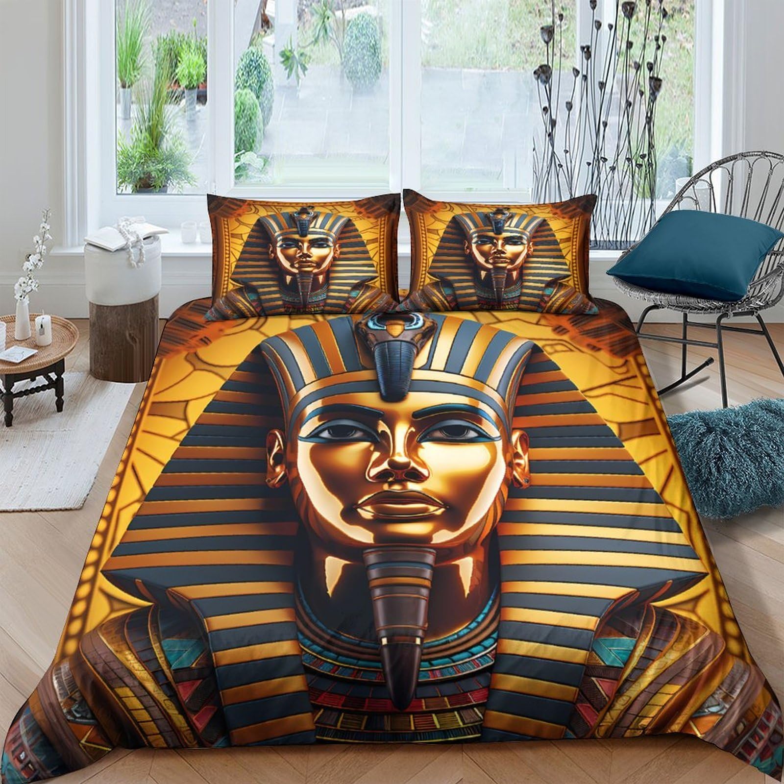 Ctjqhvkz Style-6 3D Printed Pharaoh Gold Mask Fitted Sheet Microfiber Soft Decorative Egyptian Sphinx Bed Cover For Bedroom Dorm Mattress Protection Single（135X200cm）