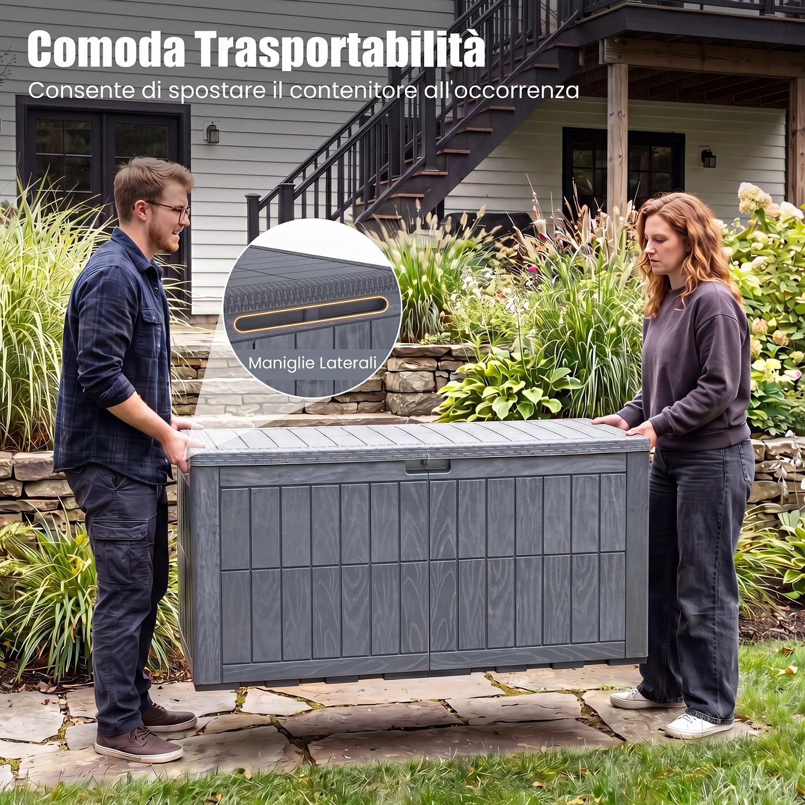 COSTWAY 455 L Cassapanca Contenitore, Contenitore da Esterno in PP Resistente alle Intemperie con Coperchio e Foro della Serratura per Soggiorno, Giardino e Bordo Piscina (132 x 61 x 65 cm,Grigio)