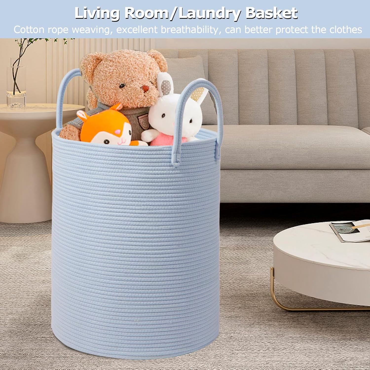 Large Woven Laundry Basket Hamper,60L Cotton Rope Storage Basket for Blankets in living room,Decorative Tall Nursery Hamper for Toys and Clothes,Baby Basket,Blue