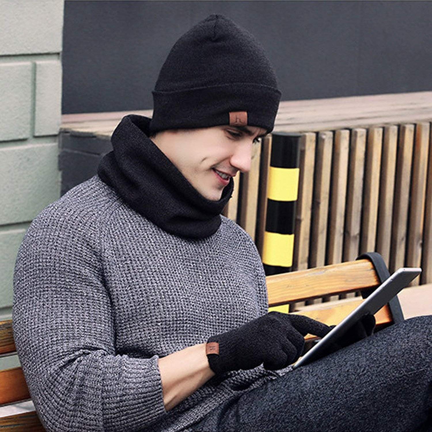 Conjunto Gorro Bufanda Guantes Hombre Mujer, Gorro de Invierno Braga Cuello con Forro Polar Guantes de Punto con Pantalla Táctil