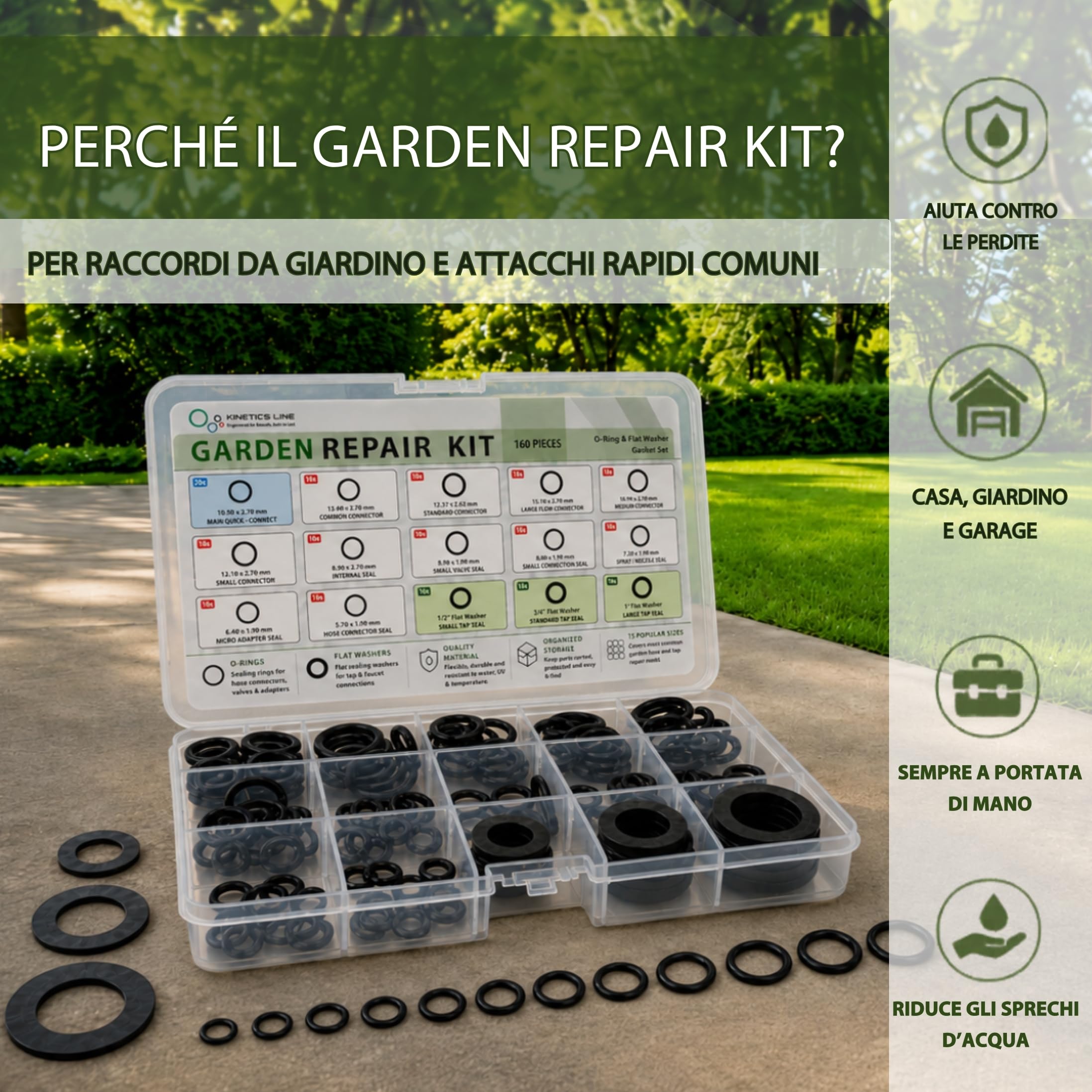 Garden Repair Kit per Riparazione Tubo da Giardino, 160 Pezzi – O-Ring EPDM e Guarnizioni Piatte per Rubinetto, Connettore Tubo e Irrigatore