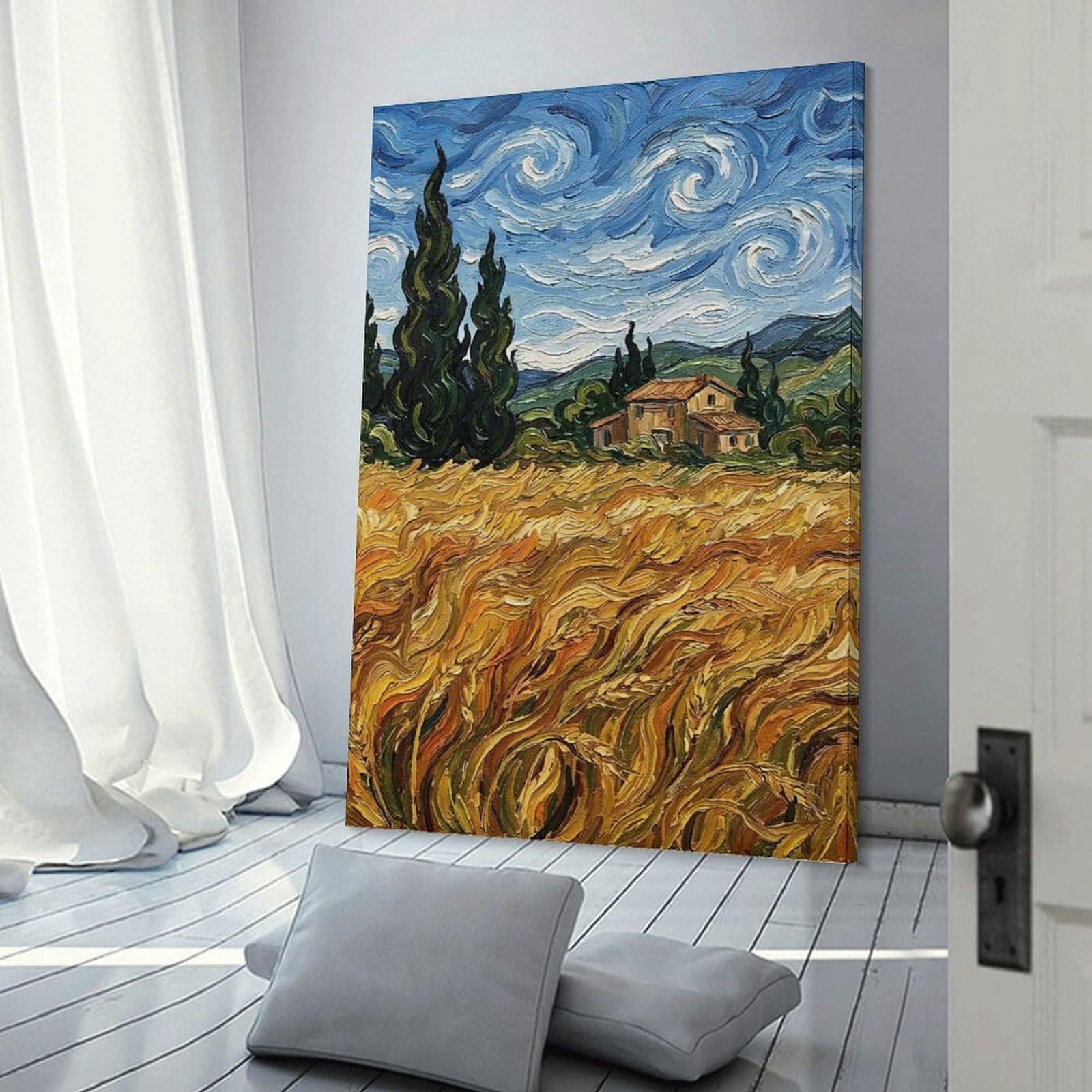 Junmoney Wheat Field with Cypresses Painting Decorative Canvas Print, 20x30inch(50x75cm), for Home, Office, Studio Or Guest Room, Canvas Wall Art That Fits Changing Layouts
