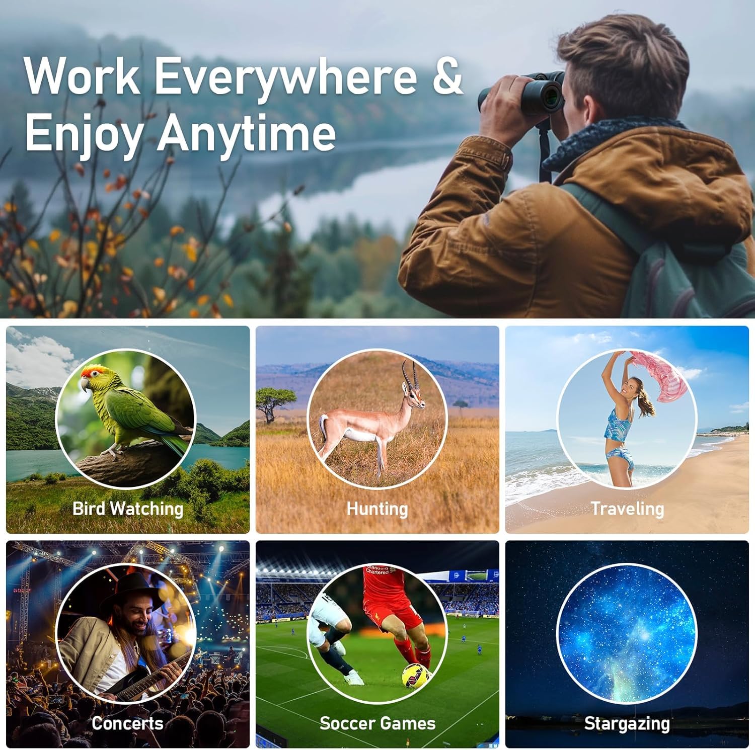 Prismáticos 12x42 para Adultos, Prismáticos HD Impermeables con Prisma BAK4 y Lente FMC, Telescópicos Portátiles para Observación de Aves Fútbol Escalada y Conciertos