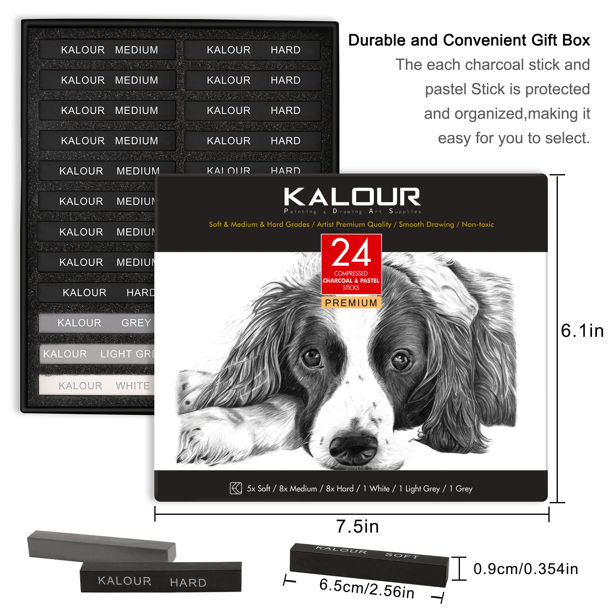 KALOUR Set di 24 carboncini da disegno, morbidi, medi, duri e carboncini bianchi, per disegnare, fare schizzi, ombreggiature, regali per artisti, principianti e adulti