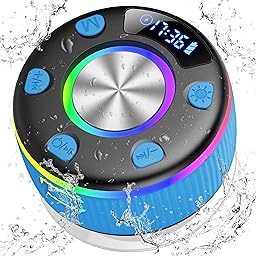 Bluetooth Shower Speaker, Portable Bluetooth 5.3 Speakers Wireless with Time Display, IP7 Waterproof Speakers with RGB Light, Suction Cup, Mini Stereo Speaker for Bathroom Party Beach Outdoor, Blue
