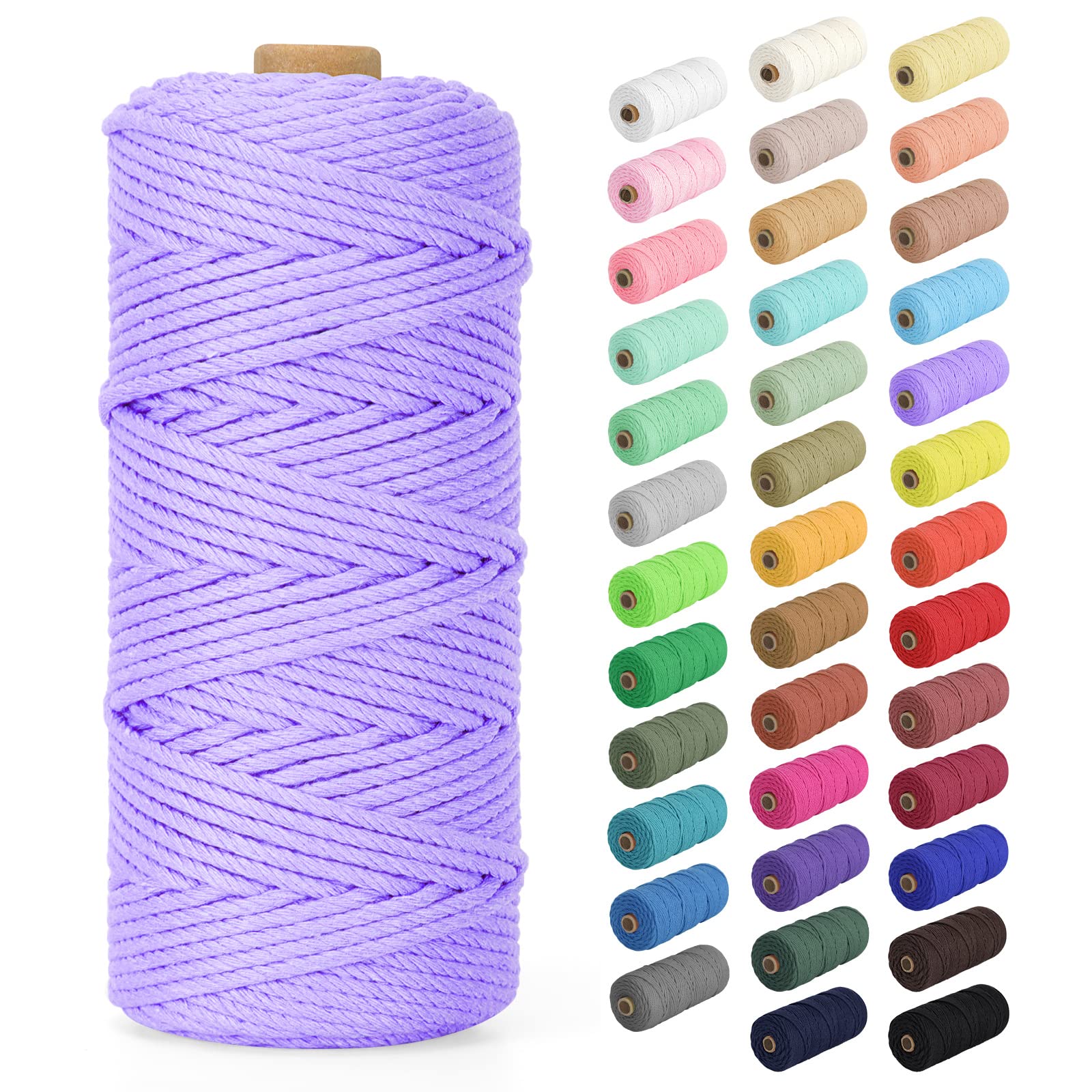Natural Cotton Macrame Rope - 2mm x 220Yards (656Feet), 2 Strands Twisted Macrame Cotton Cord for Wall Hanging, Plant Hangers, Crafts, Gift Wrapping and Wedding Decorations, Light Purple