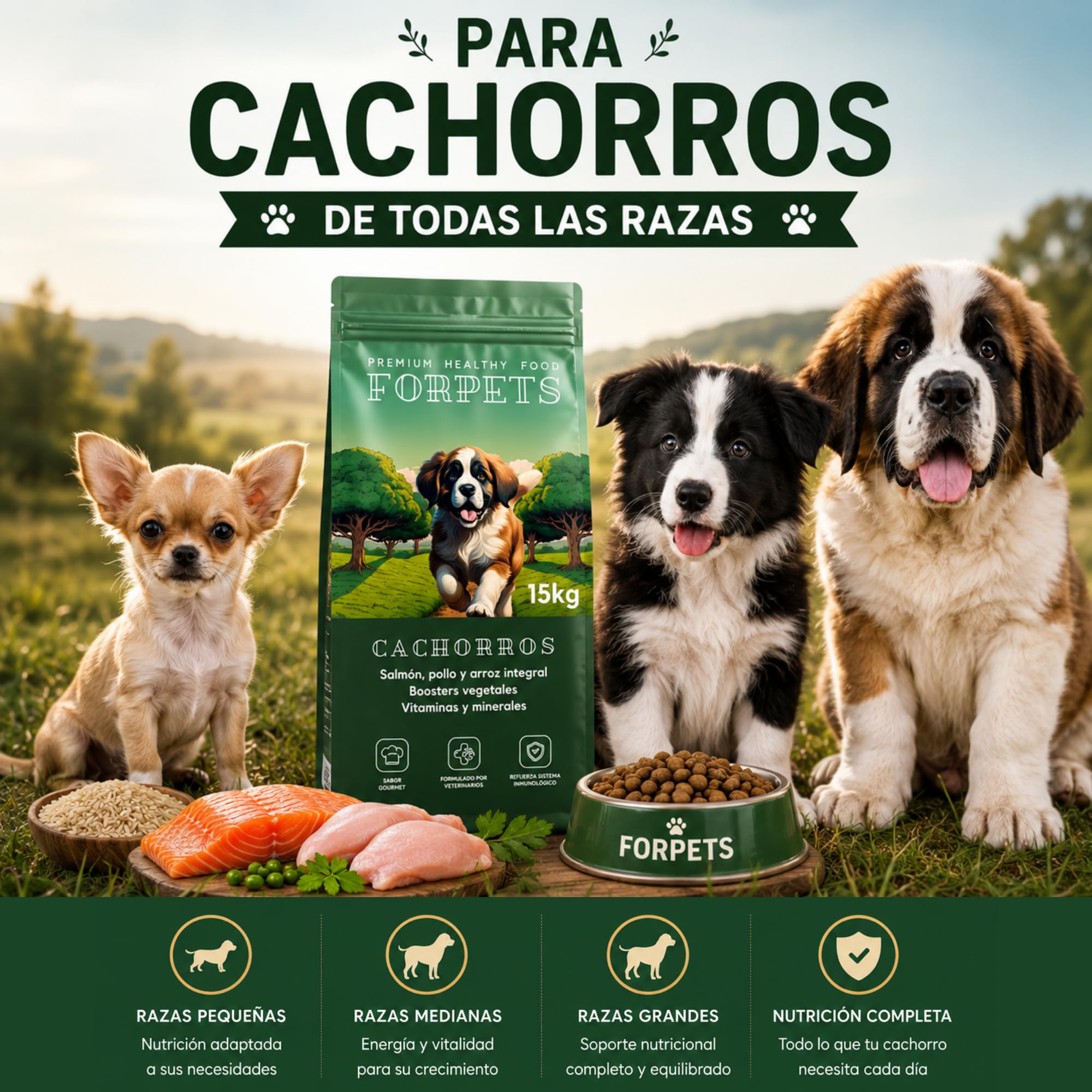 Pienso para Cachorros 15 kg | Salmón, Pollo y Arroz Integral | Digestión Sensible y Crecimiento Saludable | Sin Gluten, Alto en Proteína | Razas Pequeñas, Medianas y Grandes | FORPETS
