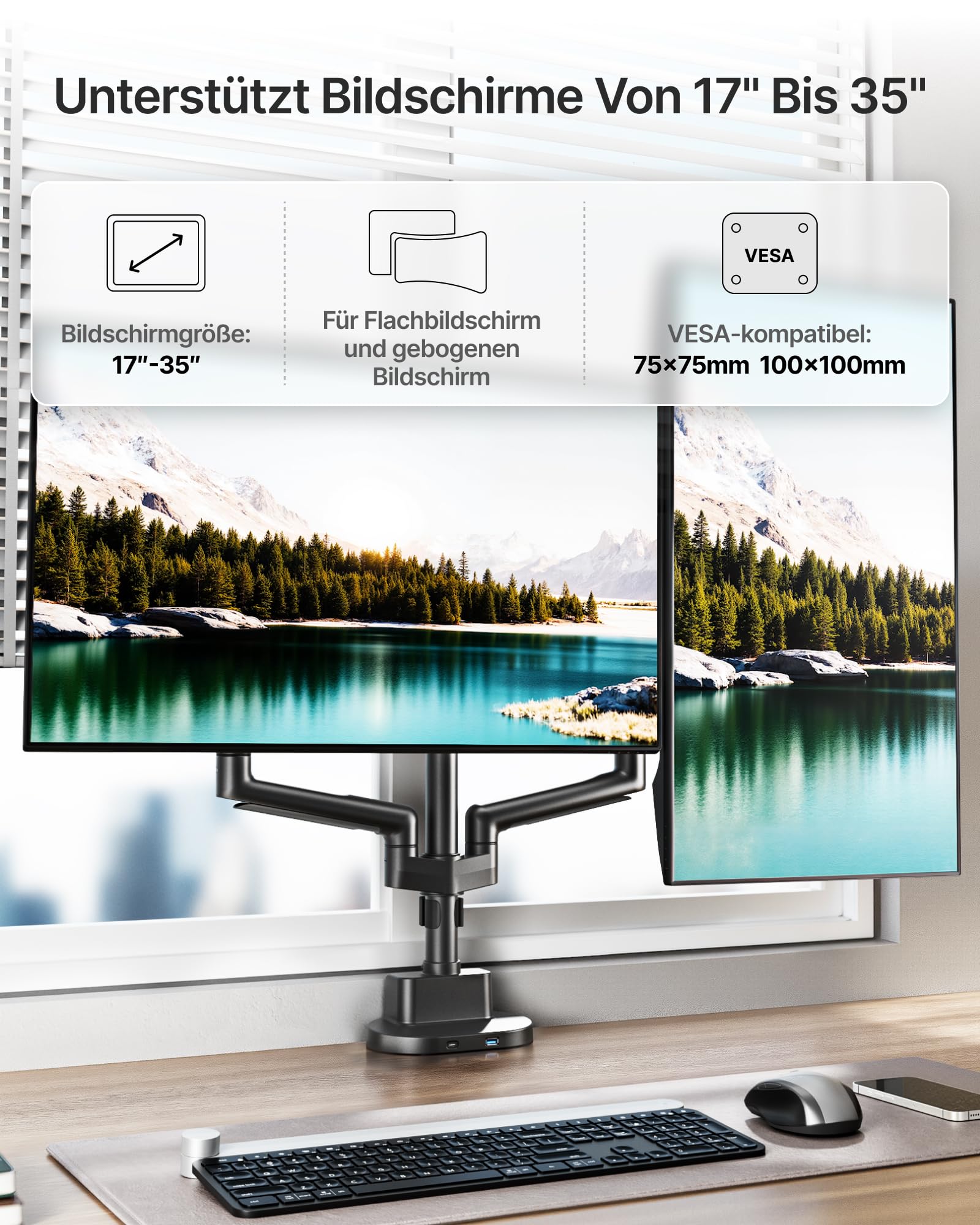 monTEK Brazo Monitor Doble con USB A/C 3.0 para Monitore de 17a 35 Pulgadas | Soporte de Doble Pantalla Resistente hasta 11kg, Brazo Articulado Inclinable y Giratorio, VESA 75/100mm, Negro
