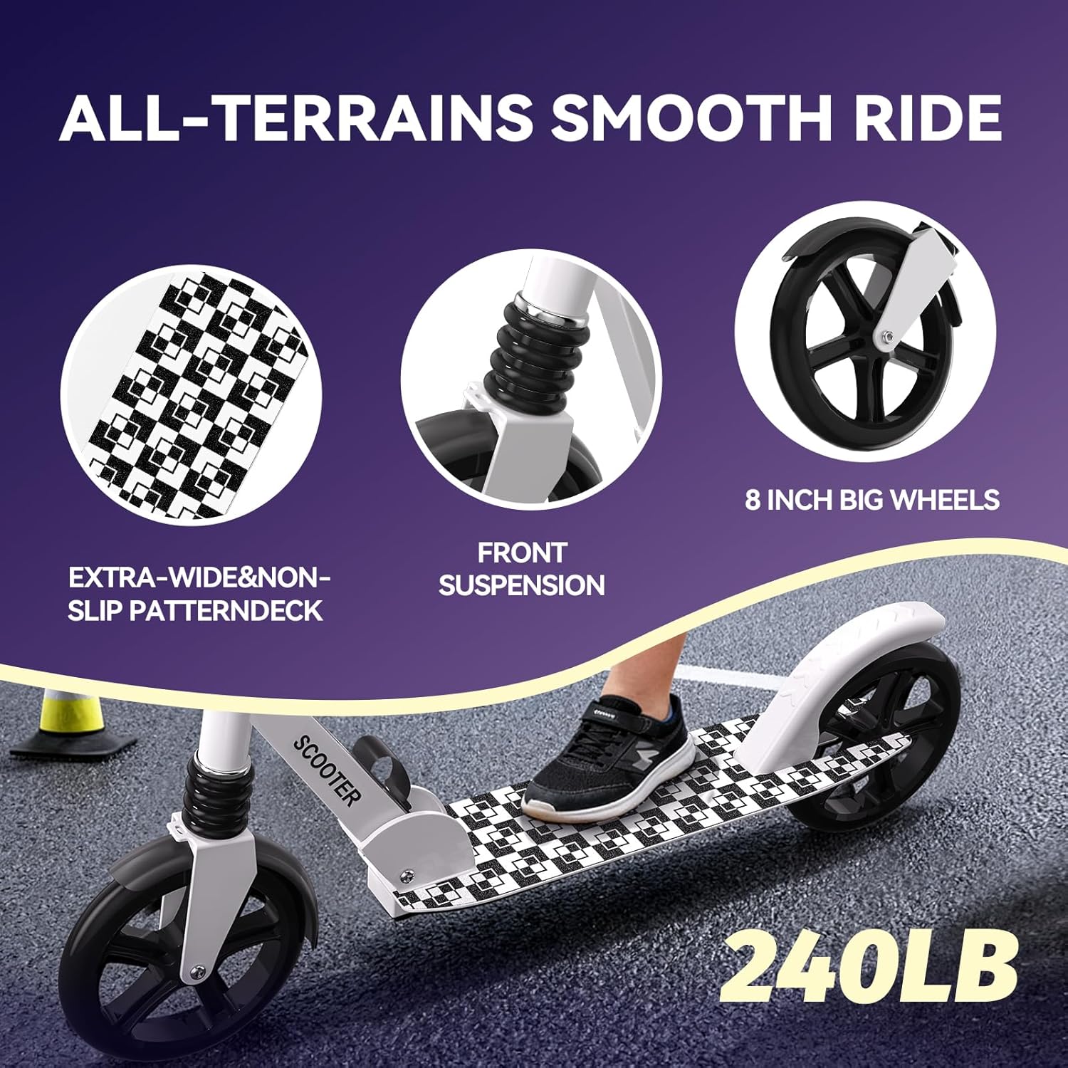 Nattork Kick Scooter for Age 6+ Kids Teens Adults, Max Load 240 LBS, Adjustable Height Foldable with 8" Large Wheels, Anti-Shock Suspension