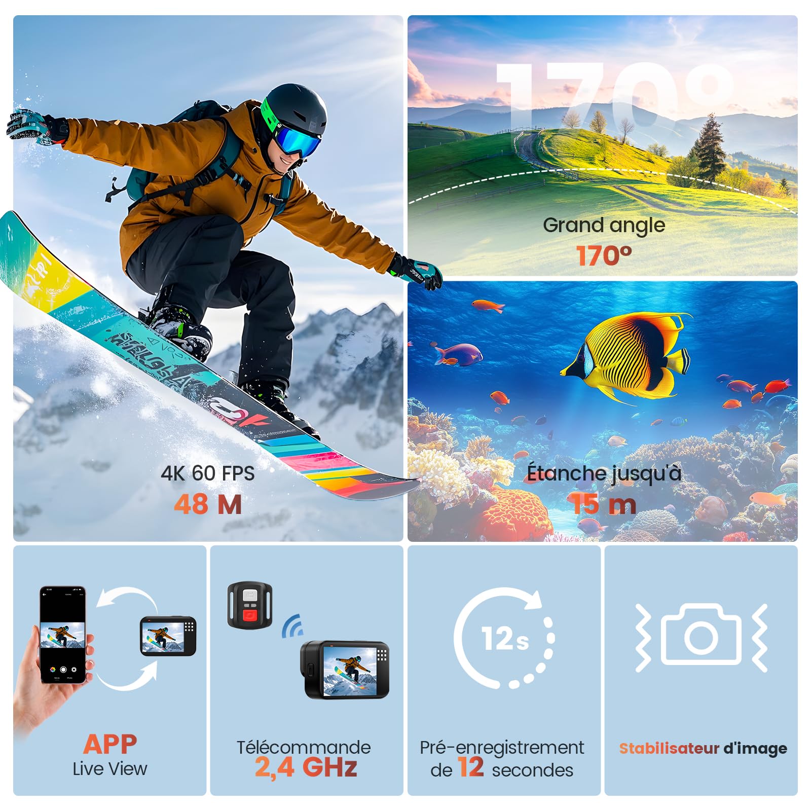 4K 60FPS 48MP Camera Sport, 50FT caméra étanche Waterproof, 8X Zoom, Grand Angle de 170° EIS stabilisation Casque avec Carte 64GB, WiFi Batterie de la caméra d'action (64GB)