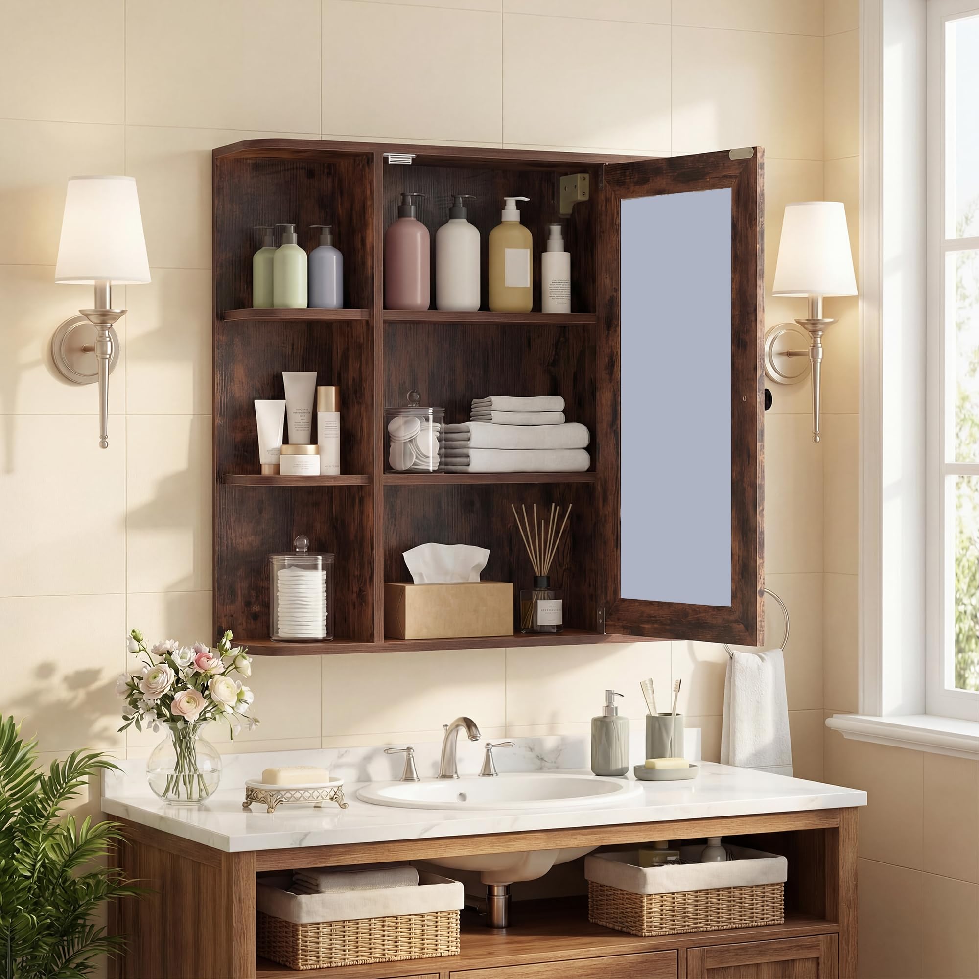 LIFEZEAL Specchio Bagno Contenitore, Mobile Bagno con Specchio con 6 Ripiani Aperti e 3 Chiusi, 1 Anta, Mobiletto Pensile Salvaspazio da Letto, per Soggiorno e Camera, 66 x 16,5 x 63 cm (Marrone)