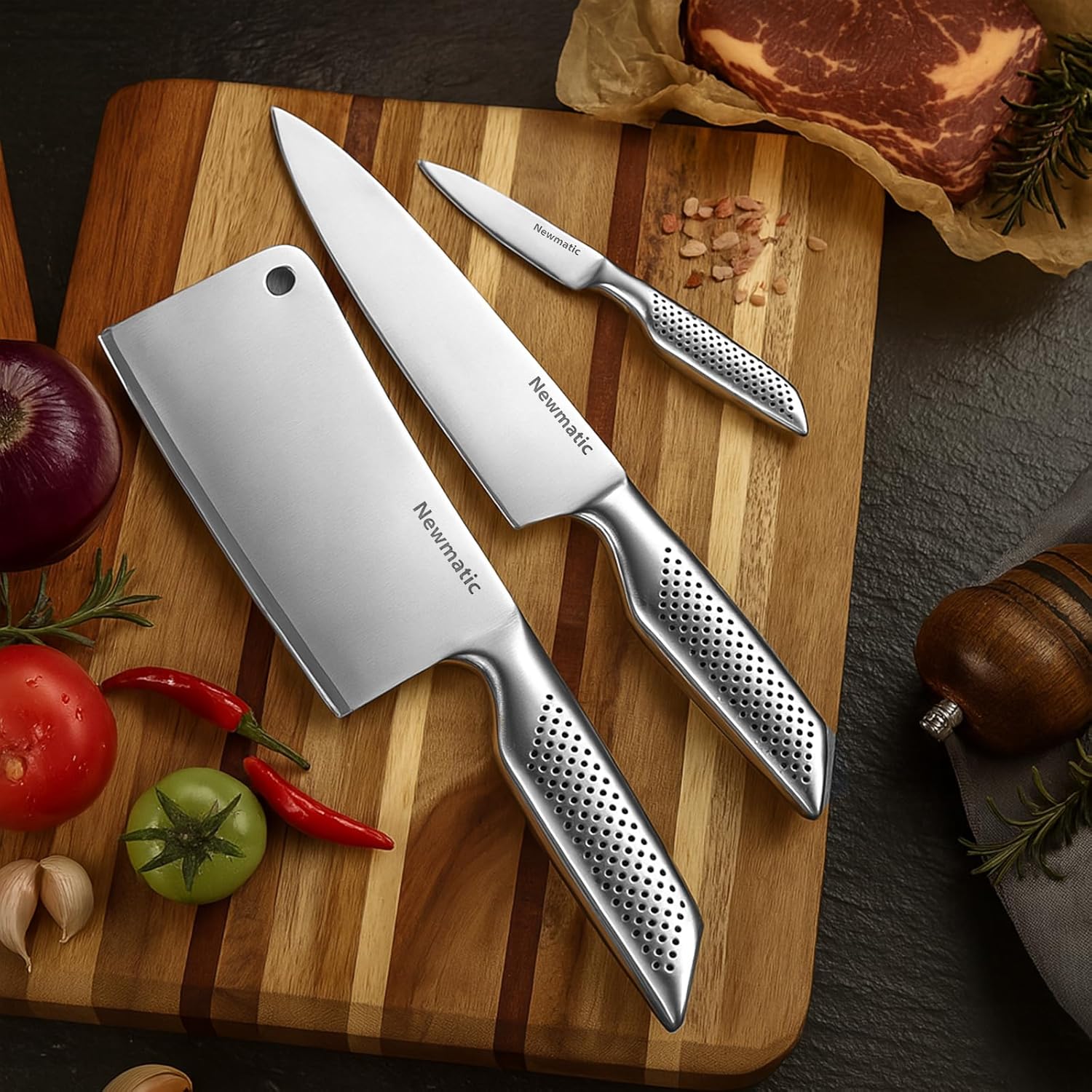 NEWMATIC 4-PCS kitchen knife set, stainless steel chef's knife set .The anti slip handles have a comfortable, secure grip, and the blades are razor sharp