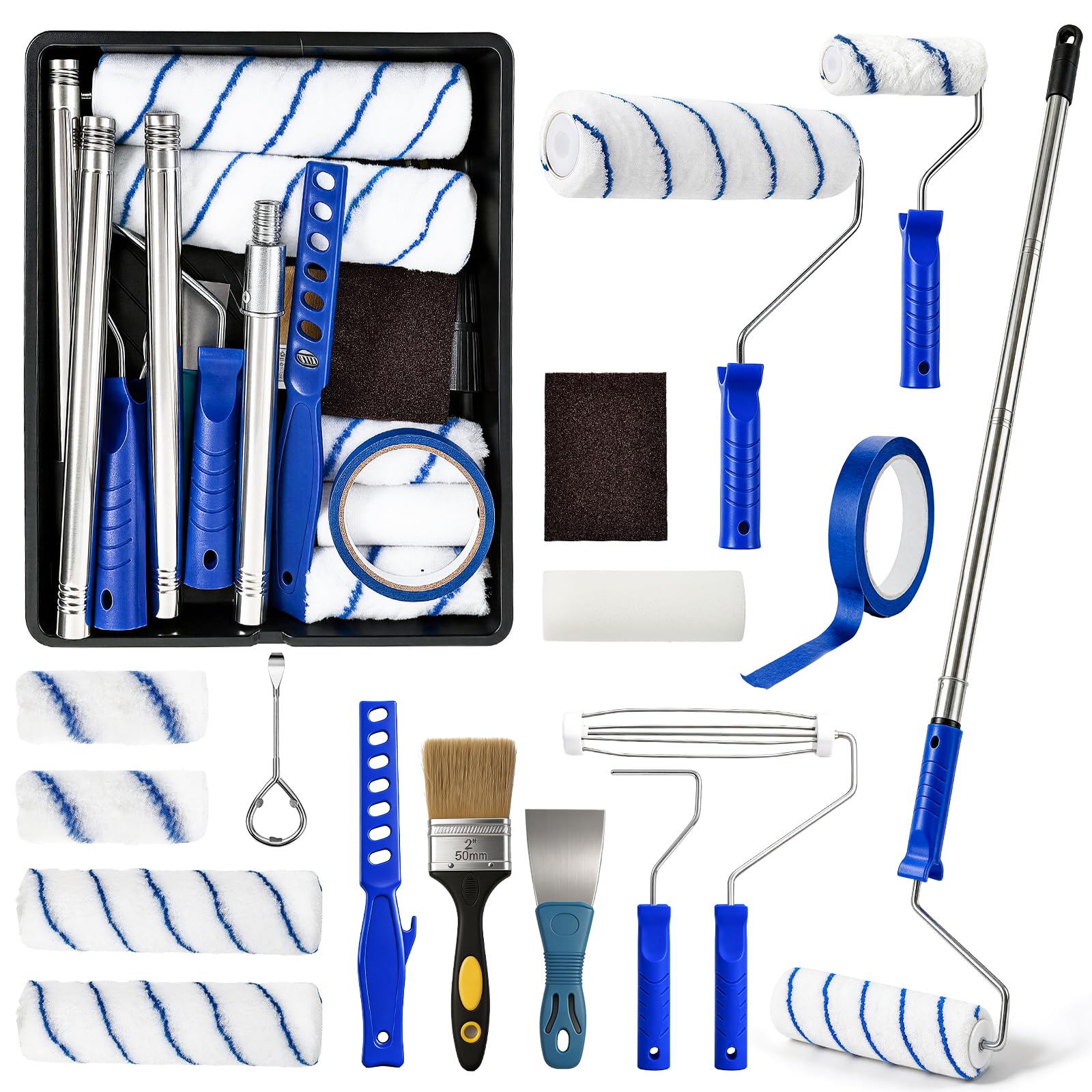 Set di 15 rulli per pittura con vassoio e asta, rulli da 22,9 cm e 10,2 cm