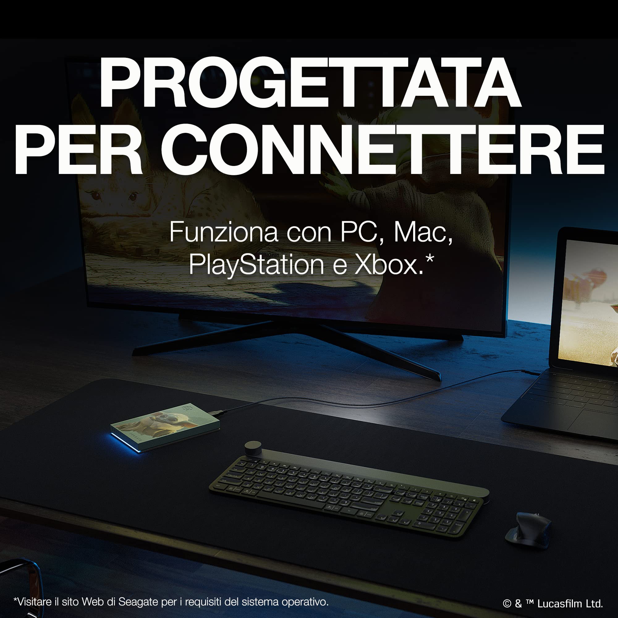 Seagate FireCuda 2TB disco rigido esterno portatile, compatibile con PS4, PS5, Xbox One/Series, PC, Star Wars Edition Grogu, USB 3.2, 3 anni di Rescue Services (STKL2000404)