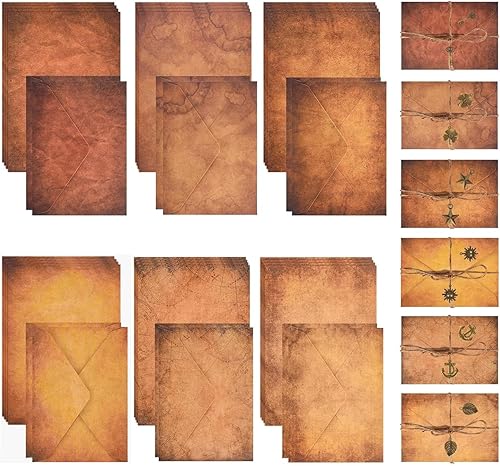 Juego de sobres y papel de papelería vintage, cartas y sobres de papel de escritura, incluyendo 24 hojas de papel antiguo envejecido, 12 sobres