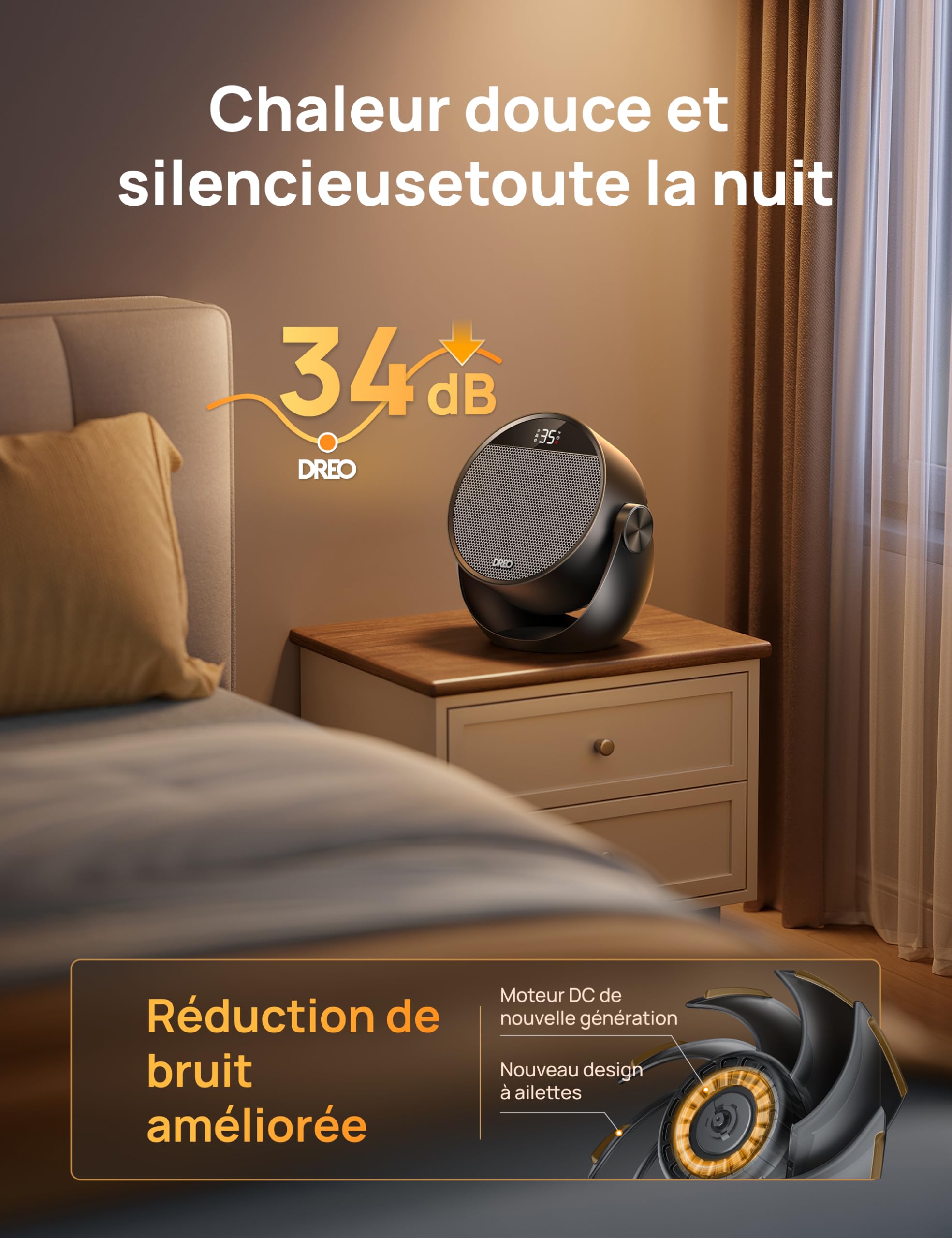 Dreo Chauffage Électrique Ventilateur Chambre, Chauffage Portable 3 Modes avec Thermostat et Télécommande, Inclinaison 60° Réglable, Minuterie 12H, 8 Protections, Silencieux pour Bureau et Pièce, Noir