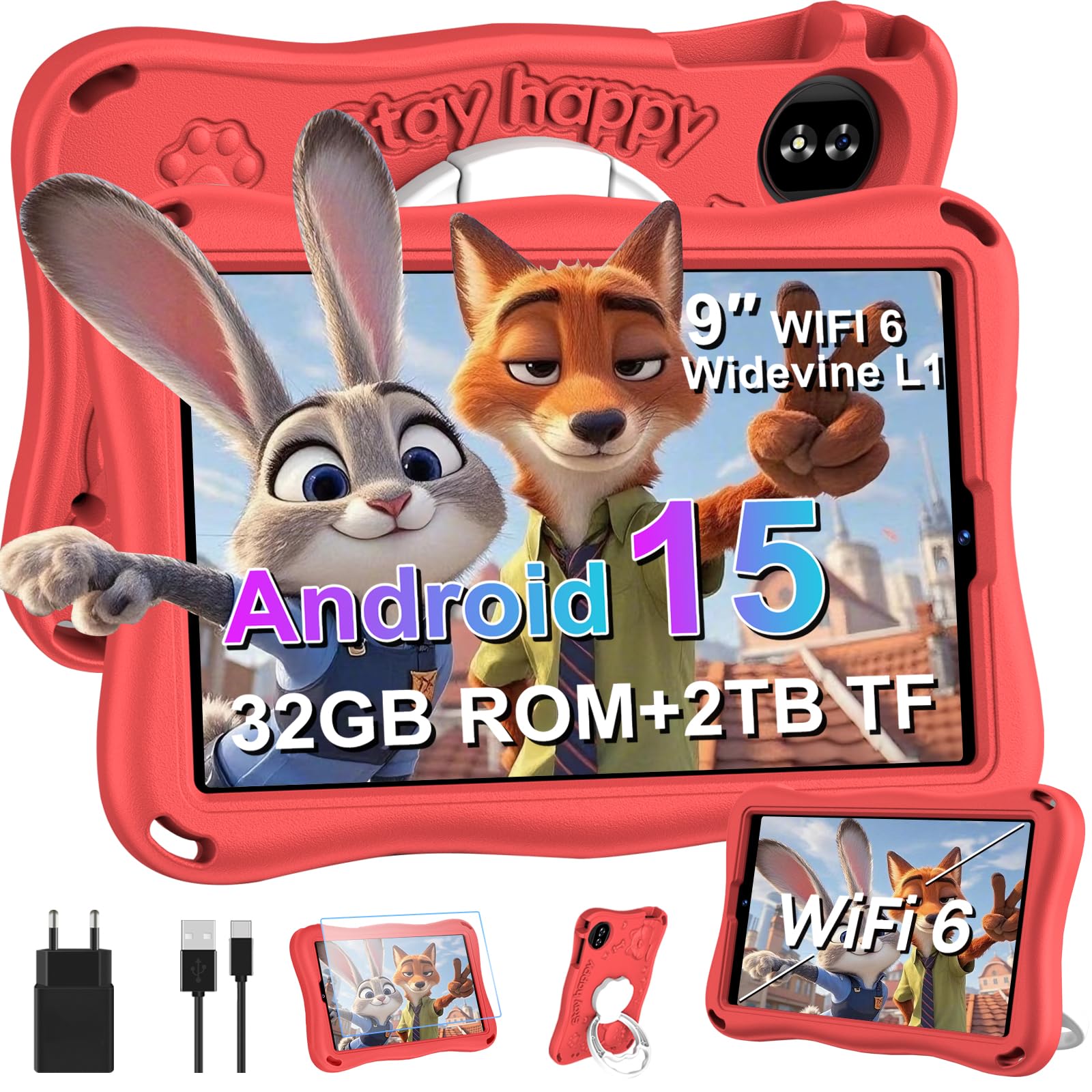 2026 Tablet Android 15 Octa Core Tablets 9 Zoll mit 32GB ROM+TF 2TB 5G WiFi Widevine L1, GPS, Face ID 8 MP + 5 MP 5000mAh,1340 * 800,BT 5.0, Kids Tablet mit Eva Case - Rot