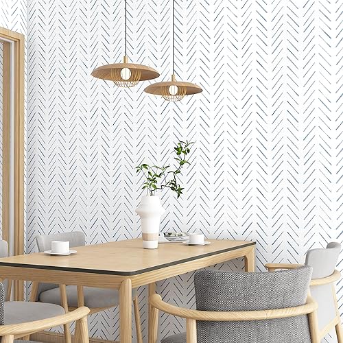 Miniatura 4 de Papel tapiz de rayas de espiga para despegar y pegar, 17.3 x 197 pulgadas, papel tapiz blanco y azul, papel de contacto bohemio, autoadhesivo,