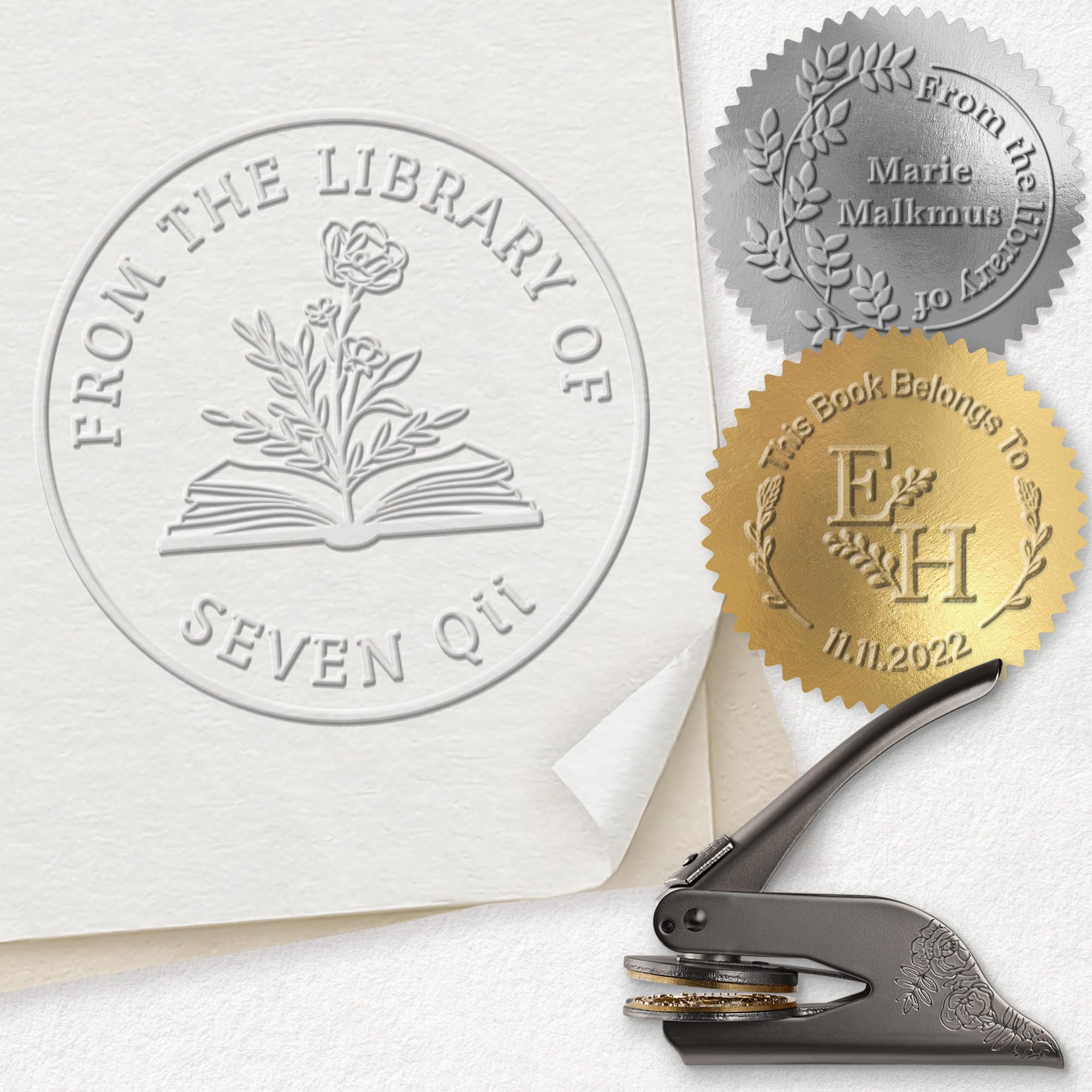 Sello de Libros en Relieve Personalizado, Ex Libris con Flores Nombre y Logotipo, Sello en Relieve para Bibliotecas, Libros y Etiquetas - 42mm