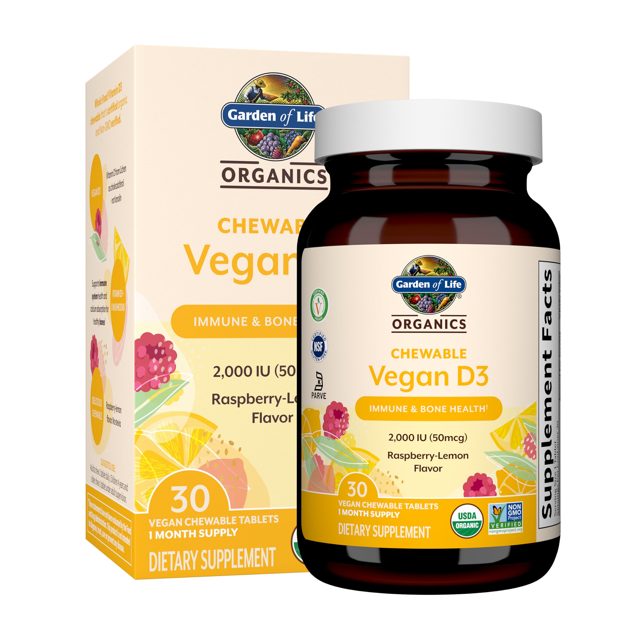 Garden of Life Organics Vegan D3 Chewables, Raspberry Lemon Flavored, 30ct 30 Count (Pack of 1)