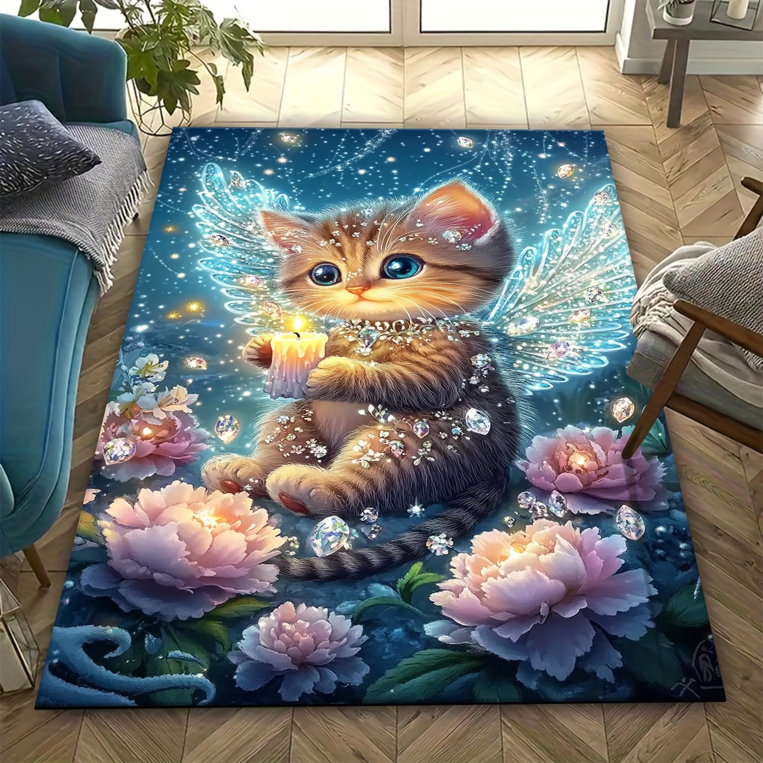 Tapis de chaise lavable antidérapant chat 3D carré pour déco de chambre 680O795B