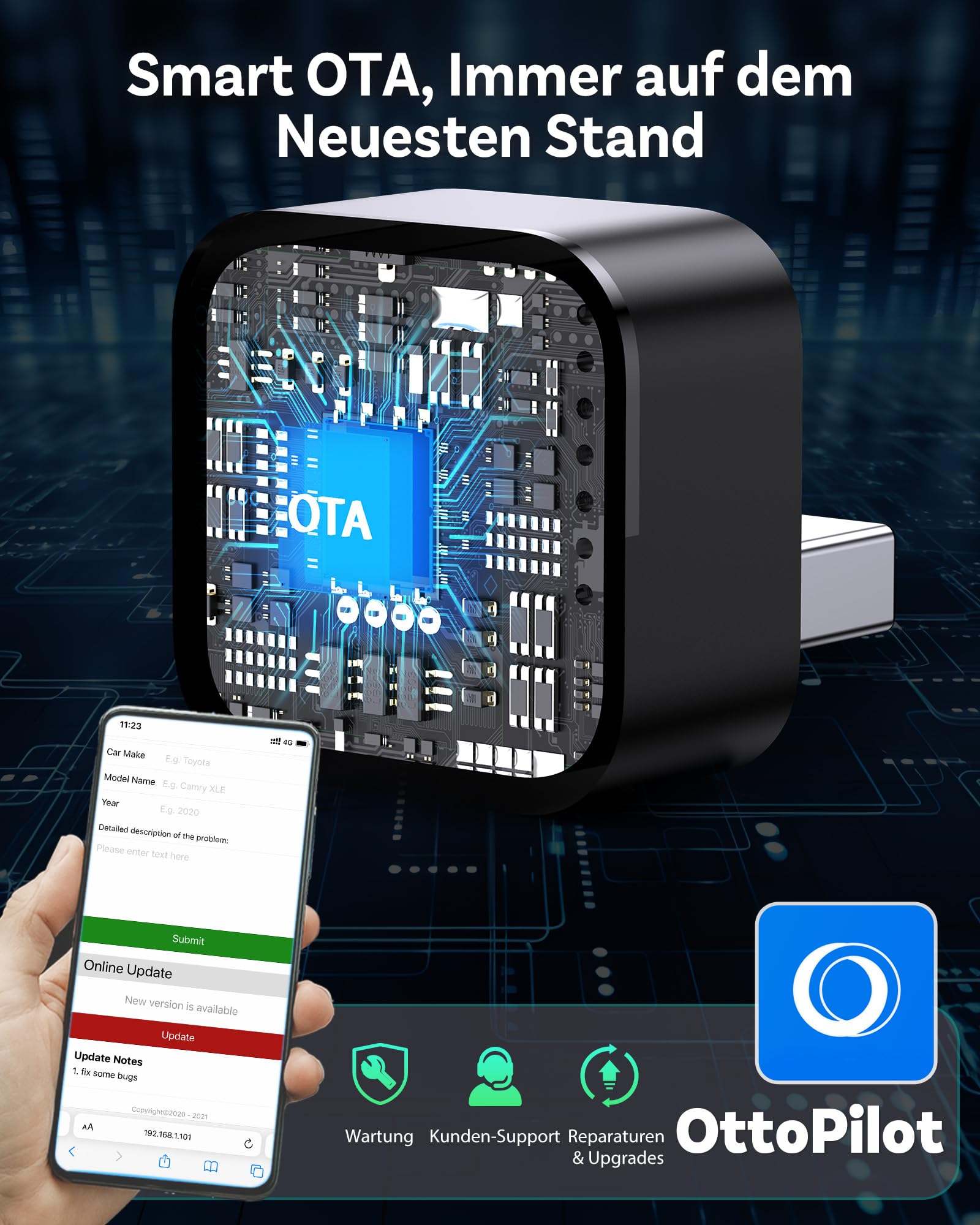 OTTOCAST Mini Pico 2026 CarPlay & Android Auto Wireless Adapter, Smart Button, 5–8s Auto Connect, Plug & Play, USB-A/USB-C, OTA-Update, Wandelt Kabelgebunden in Kabellos um (iOS 10+/Android 11+)