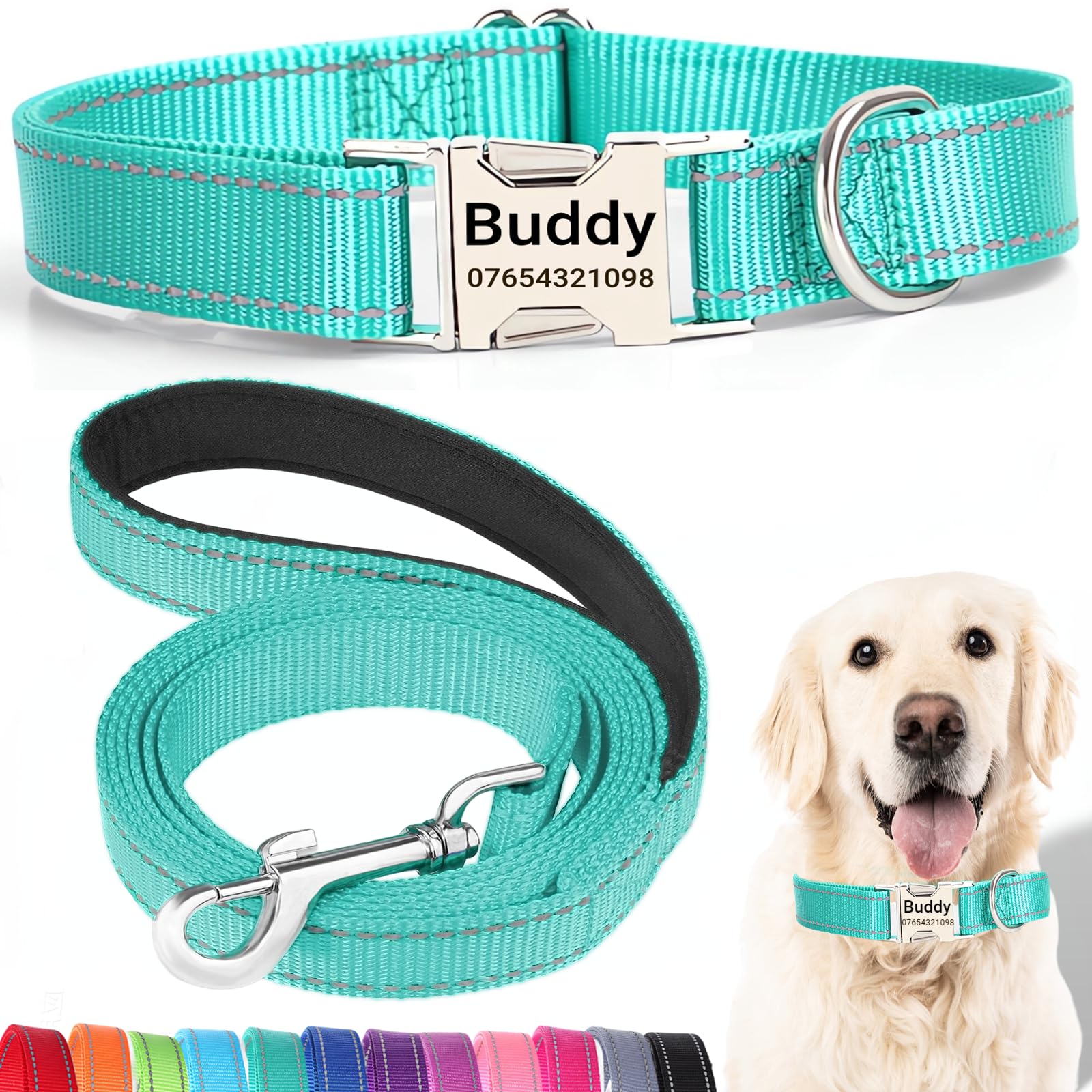SEOUGEE Personalised Dog Collar and Lead Set with Engraved Metal Buckle, Reflective Nylon Dog Collars and Leash for Small Dogs with Custom Name Plate Phone Number (Dark Green Set, XS:Neck 20-30cm)