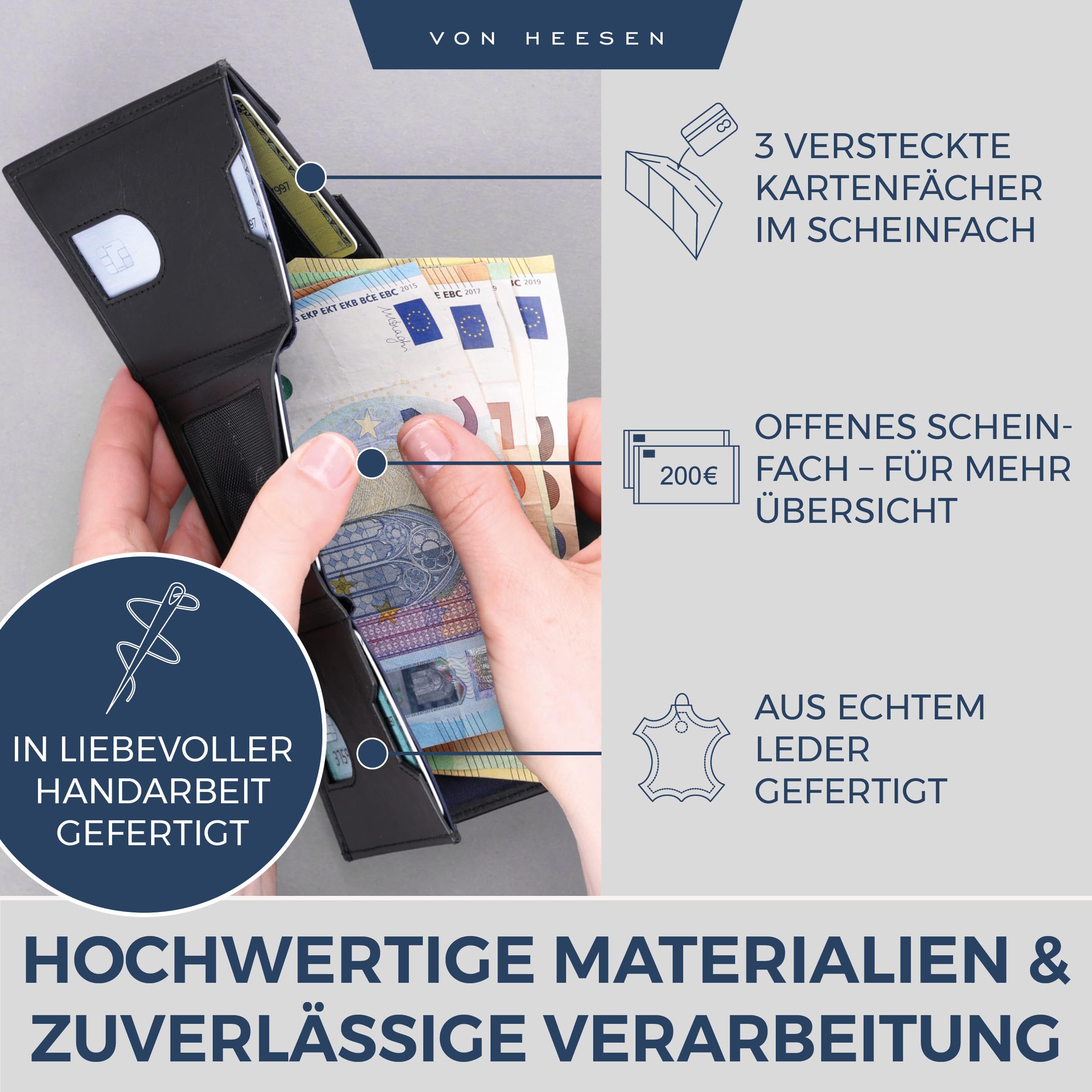 VON HEESEN Slim Wallet mit XL Münzfach & RFID-Schutz - Leder Geldbeutel - Mini Geldbörse für Herren und Damen - Kartenetui Echtleder Karten Portemonnaie klein - Kreditkartenetui Schwarz (Waxy)