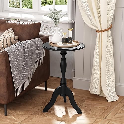 HLR Mesa auxiliar redonda pequeña, mesas auxiliares laterales con pedestal de madera, mesita de noche vintage para sala de estar, dormitorio,