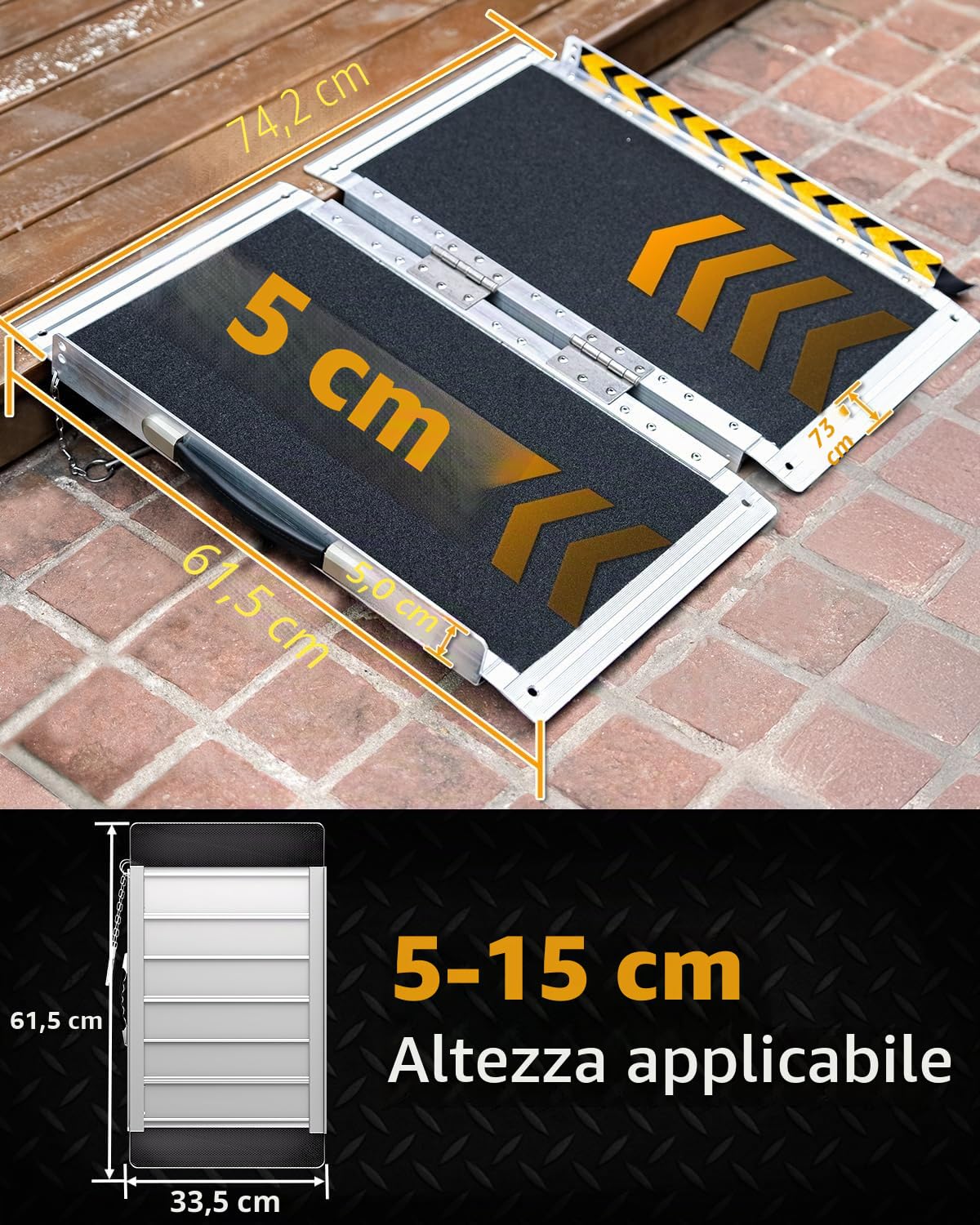 Rampa per Sedia a Rotelle 91CM, Capacità 363KG, Rampa Disabili Pieghevole Antiscivolo in Alluminio con Superficie in Carborundum per Gradini, Soglie, Cordoli, Scale e Auto