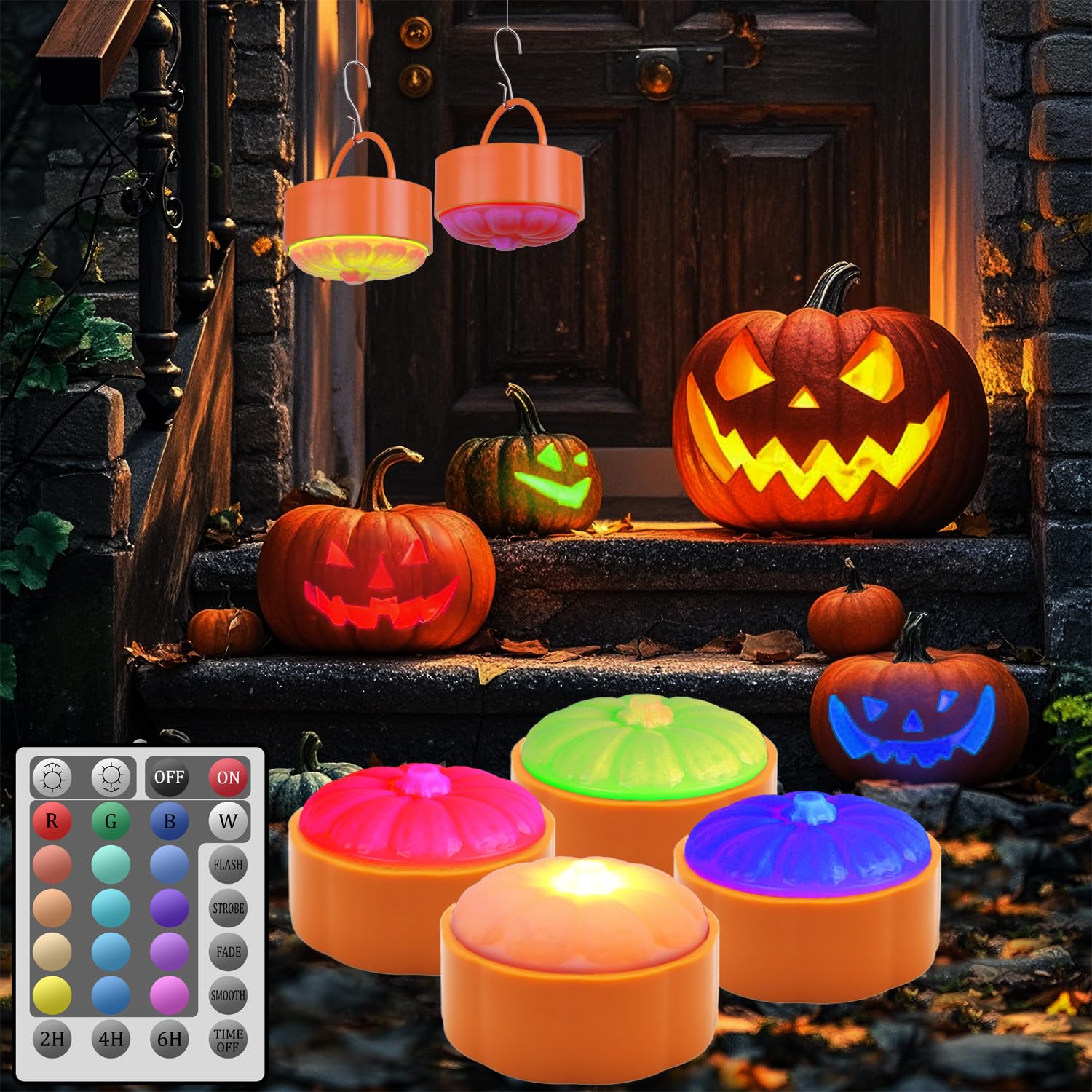 LED Pumpkin Lights with Remote Control Timer and Battery Operated, Set of 4 Halloween Jack O Lantern Decor with Orange and RGB Bright Lights for Halloween Party and Festival Decoration (PUPL-4RGS)