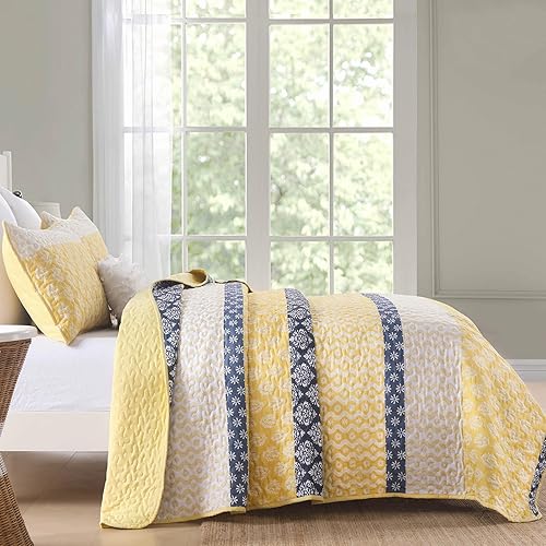 Miniatura 4 de Cottolester Juego de edredón estilo bohemio tamaño queen, colcha a rayas amarilla, ropa de cama de microfibra ligera y suave (3 piezas) 96"x90"
