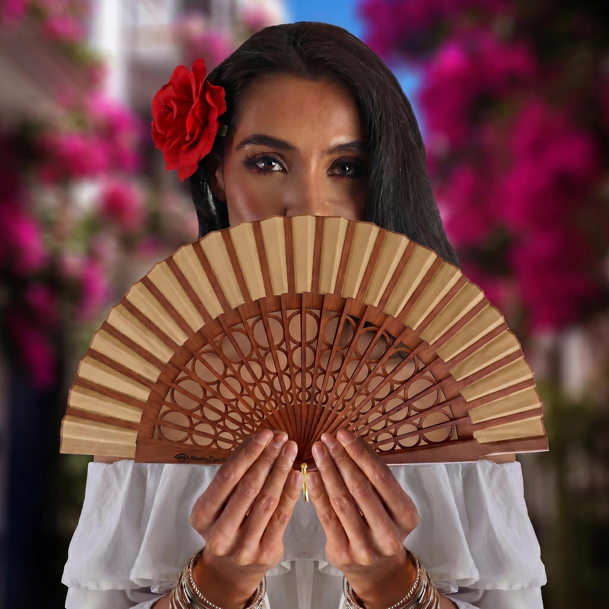 Abanico Español Artesanal 100% Algodón y Madera de Sipo Grande para Mujer Camel Esfera