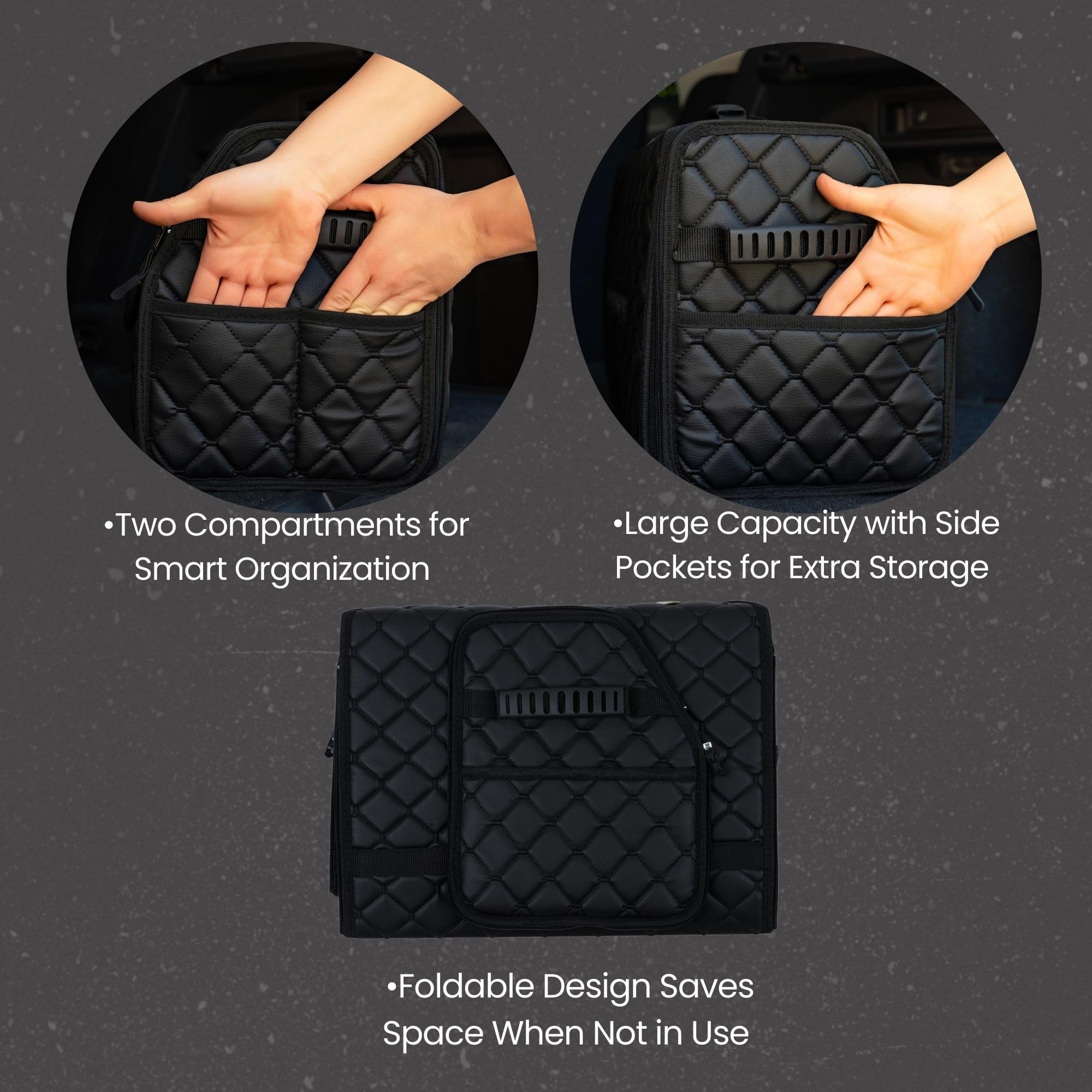 Organizer per bagagliaio in pelle con coperchio, organizer pieghevole per bagagliaio con tasche e divisori, organizer per bagagliaio, design antiscivolo (nero-nero)