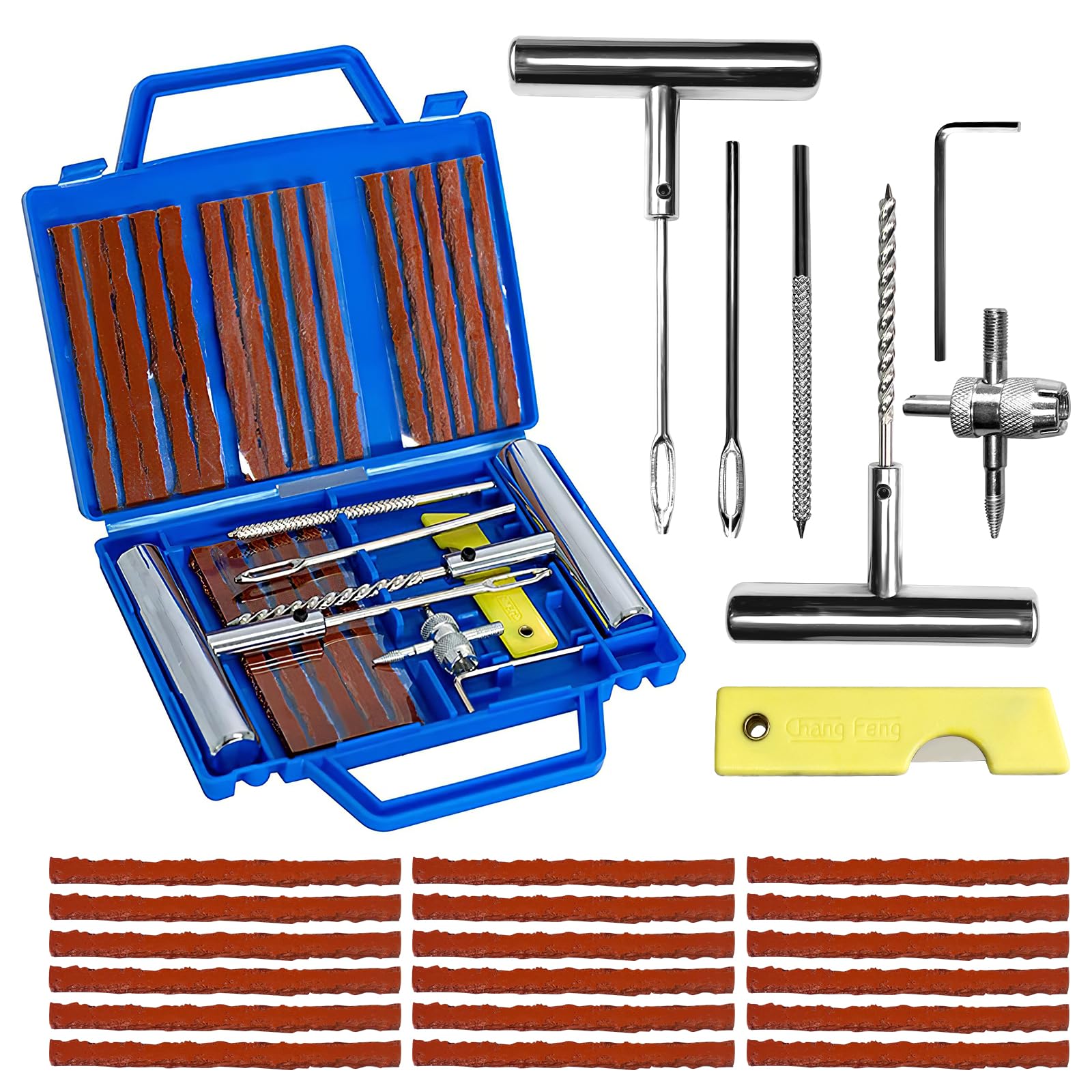 27PCS Kit Repara Pinchazos para Coche/Moto/Caravana, Kit antipinchazos neumático, Arreglar pinchazos en 3 Minutos, Mechas + Accesorios completos, Compacto para Maletero, Fácil Uso sin Experiencia