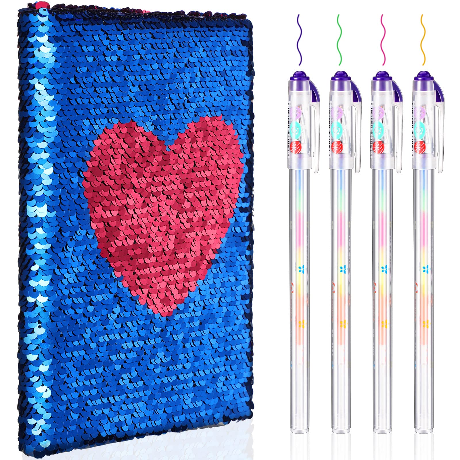 Outus 4 Pcs Sequin Notebook Christmas Journal Gift, Blue Rosy, Heart