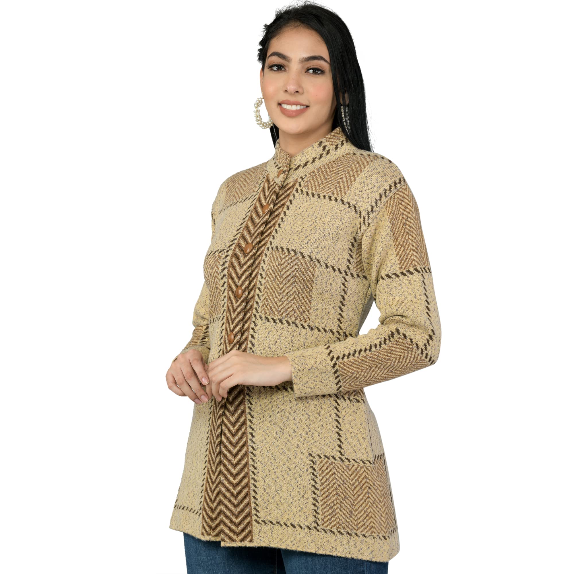 Women Woolen Long Coat Warm Fabric Cardigan Winter Wear Pure Wool Thick Round Neck Sweater for Women 100% Rainbow Free Size Cotty Fully Warm Cardigans with Side Pockets (3XL, Nude)-image-29