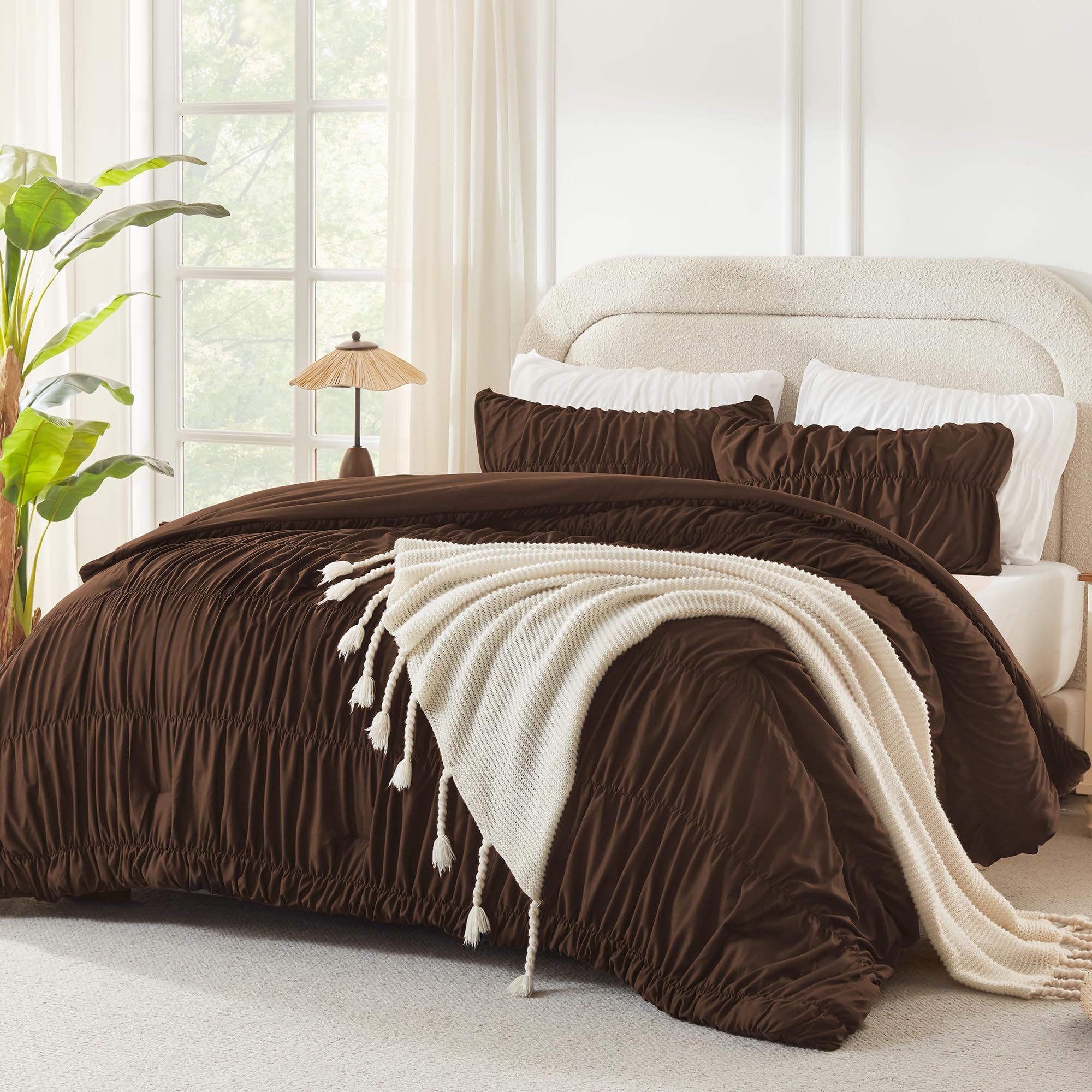 Andency Ruched Brown California King Comforter Set, Boho Ruffle 3 Pieces