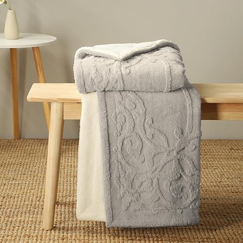 Miniatura 5 de Amélie Home Manta Sherpa para sofá, patrón jacquard 3D damasco y reverso de sherpa suave, manta decorativa de forro polar grueso y cálido para sofá